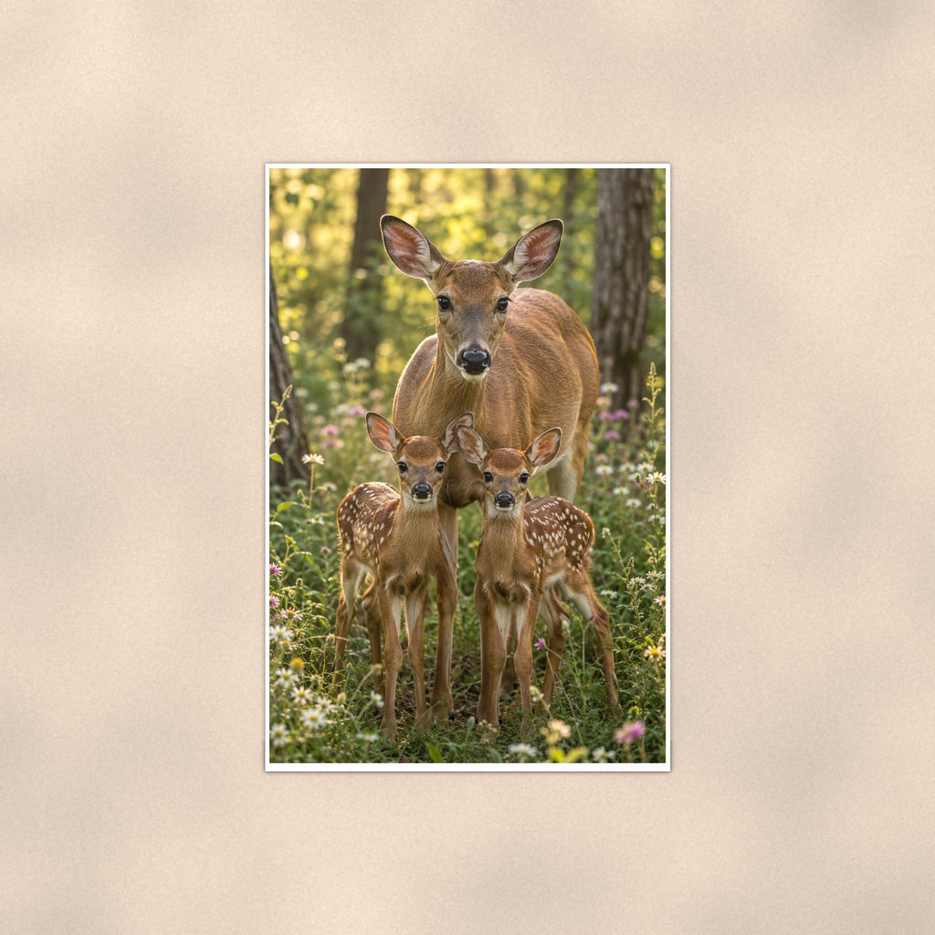 Doe and Fawns — 24x36 in art print poster, premium luster paper with a white border; poster shown straight on against a warm wall.