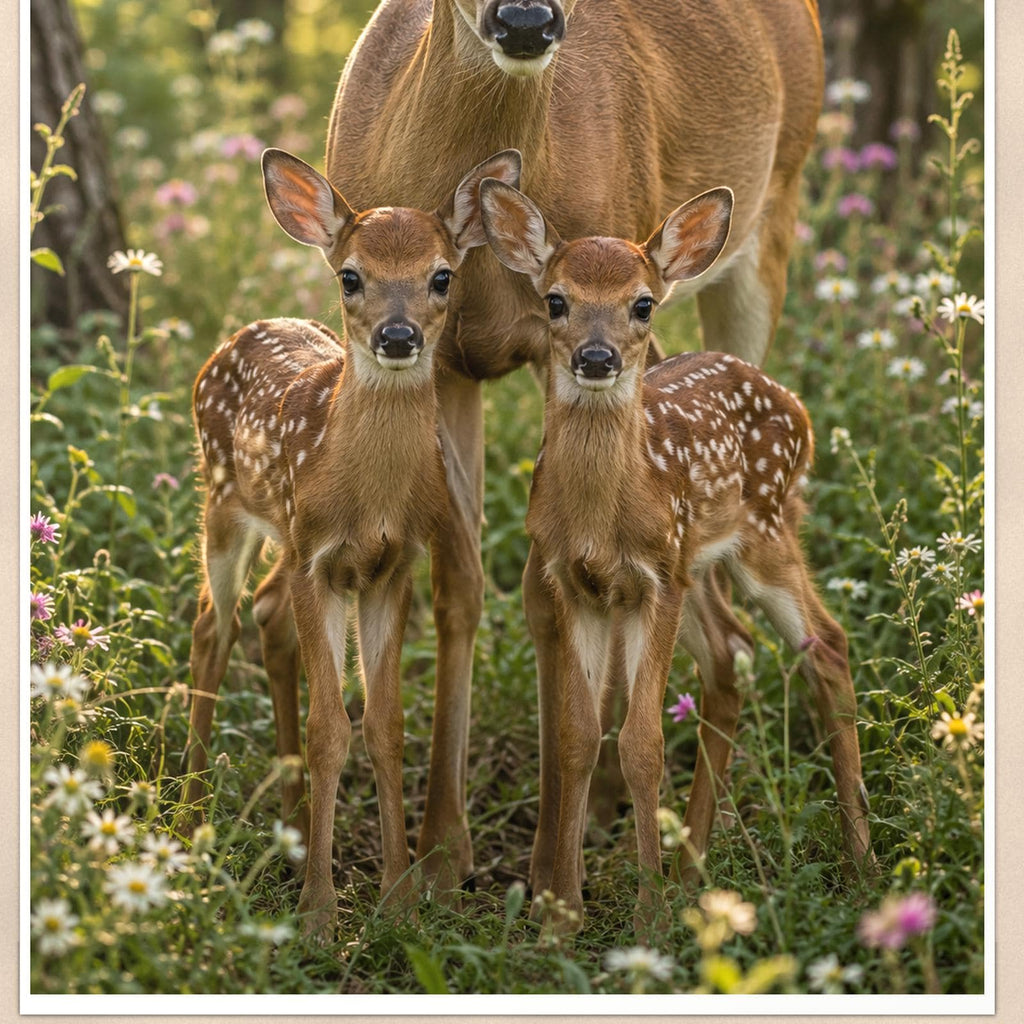 Doe and Fawns — 24x36 in art print poster, premium luster paper with a white border; close-up framed on the main subject of the artwork, paper surface visible.