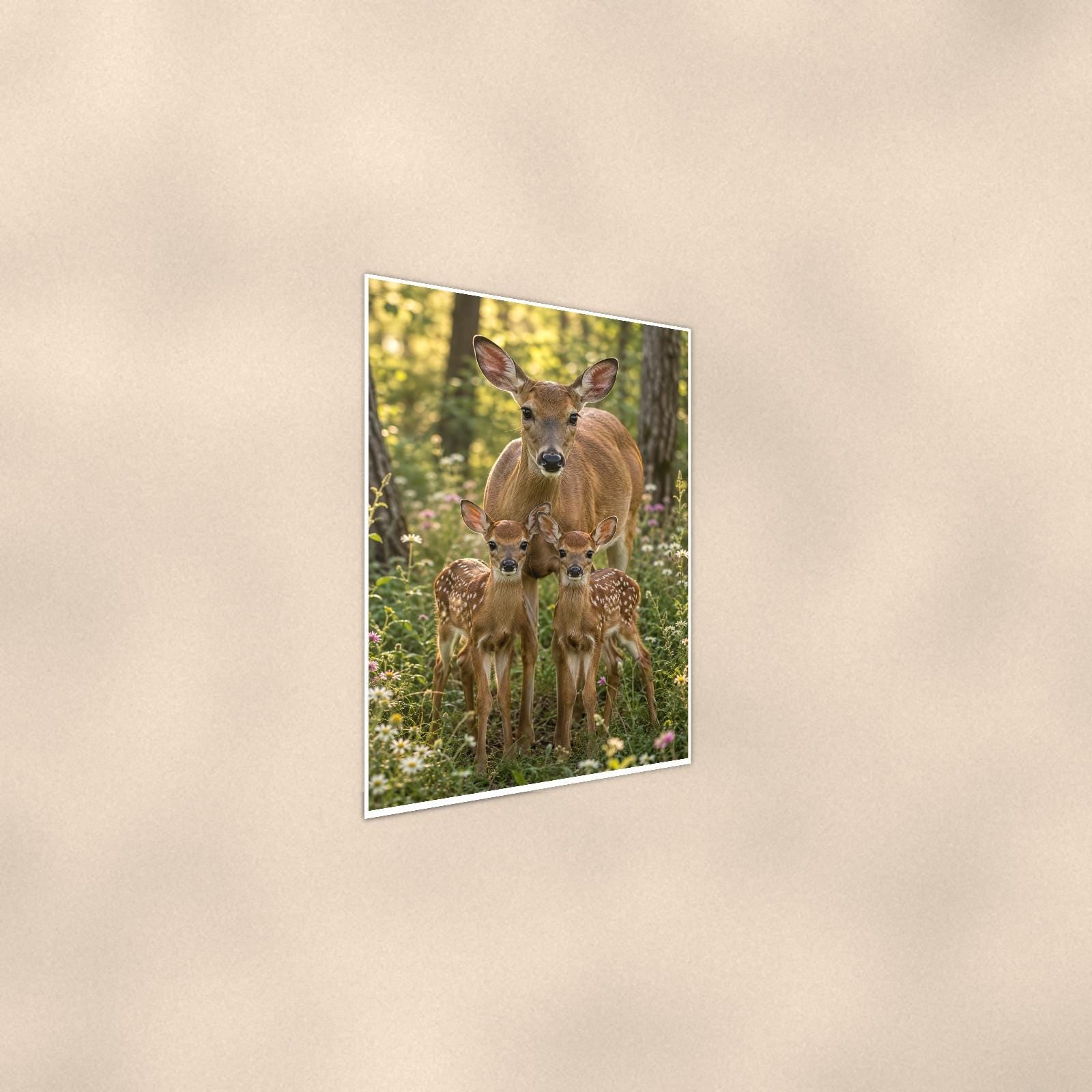 Doe and Fawns — 24x36 in art print poster, premium luster paper with a white border; steeper three-quarter angle on a warm wall, catching the luster sheen.