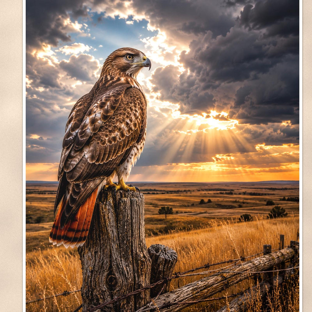 Storm Hawk — 24x36 in art print poster, premium luster paper with a white border; close-up framed on the main subject of the artwork, paper surface visible.