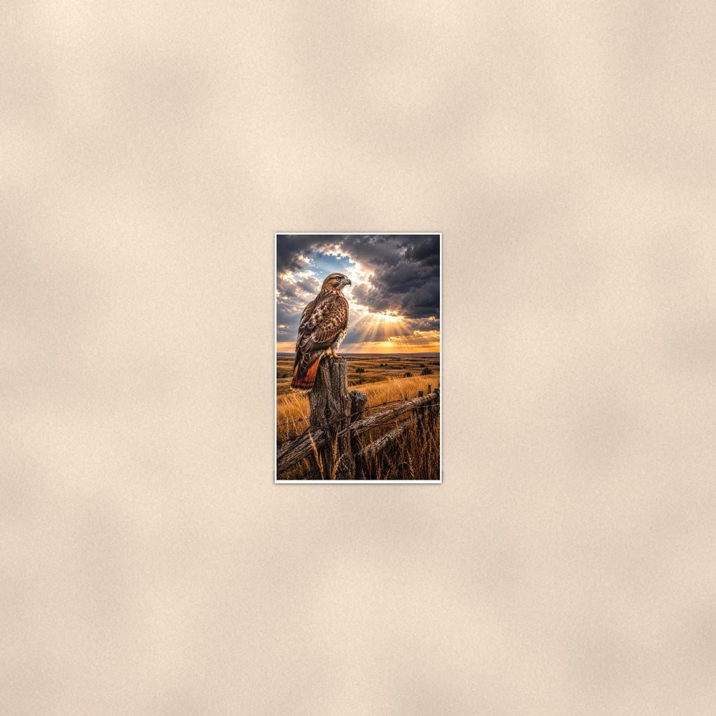Storm Hawk — 24x36 in art print poster, premium luster paper with a white border; poster seen from further back, at true 24x36 in scale on a warm wall.