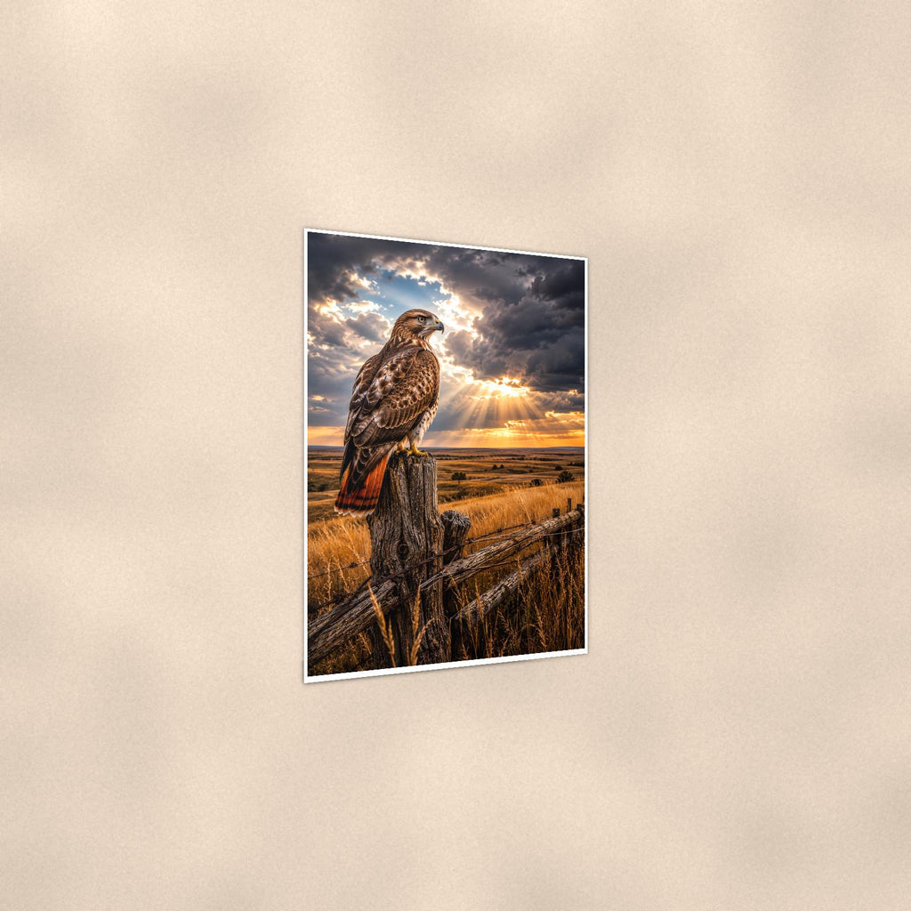 Storm Hawk — 24x36 in art print poster, premium luster paper with a white border; gentle three-quarter angle on a warm wall, showing the flat paper edge.