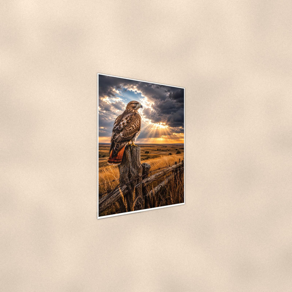 Storm Hawk — 24x36 in art print poster, premium luster paper with a white border; steeper three-quarter angle on a warm wall, catching the luster sheen.