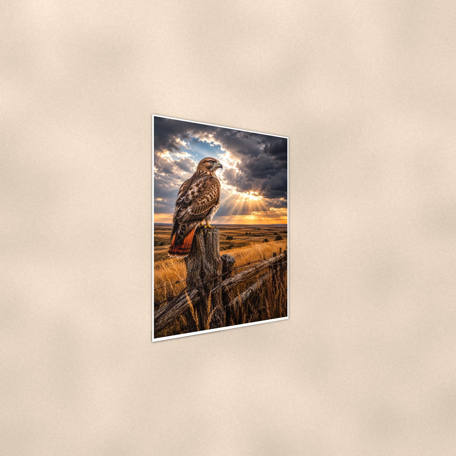 Storm Hawk — 24x36 in art print poster, premium luster paper with a white border; steeper three-quarter angle on a warm wall, catching the luster sheen.