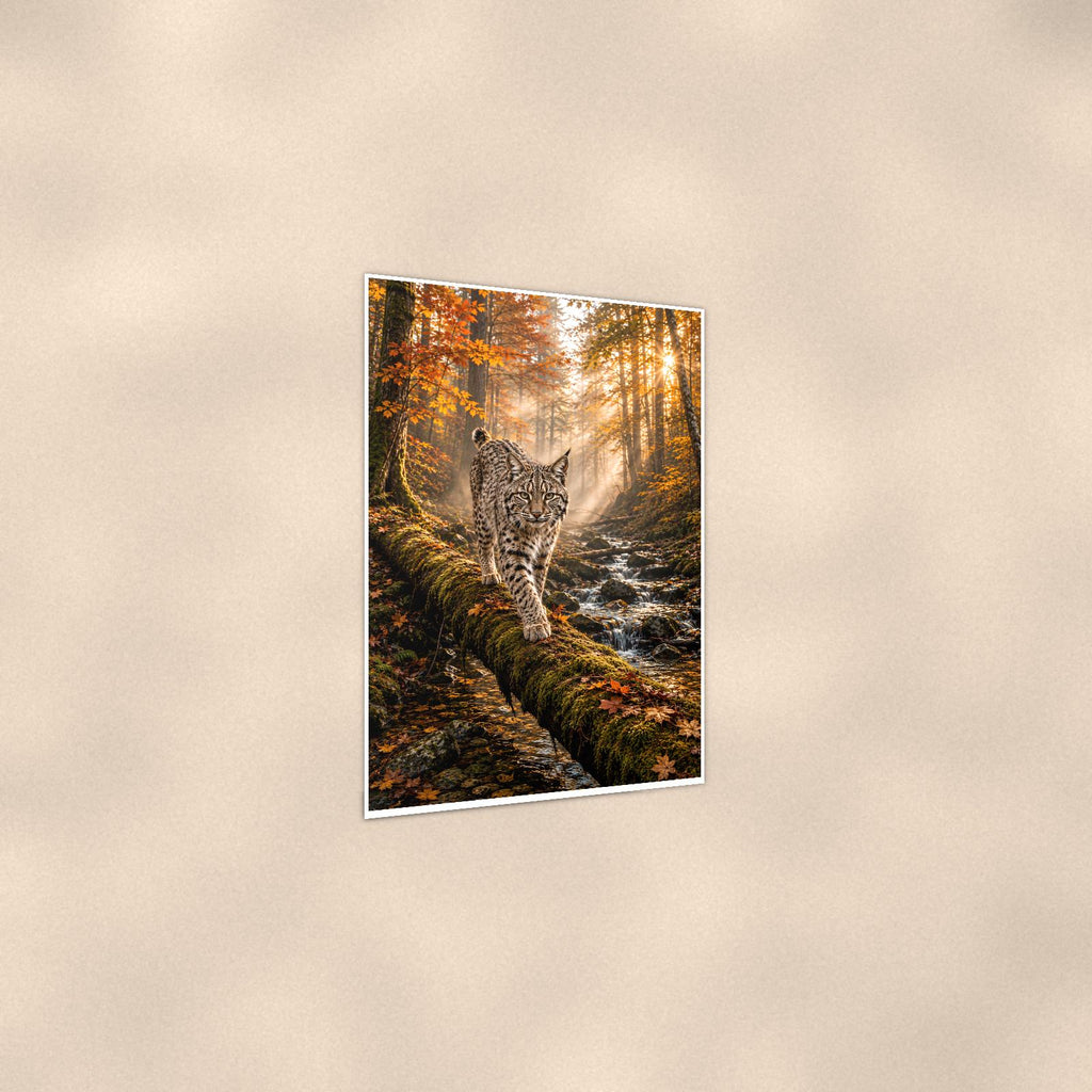 Sunbeam Bobcat — 24x36 in art print poster, premium luster paper with a white border; gentle three-quarter angle on a warm wall, showing the flat paper edge.