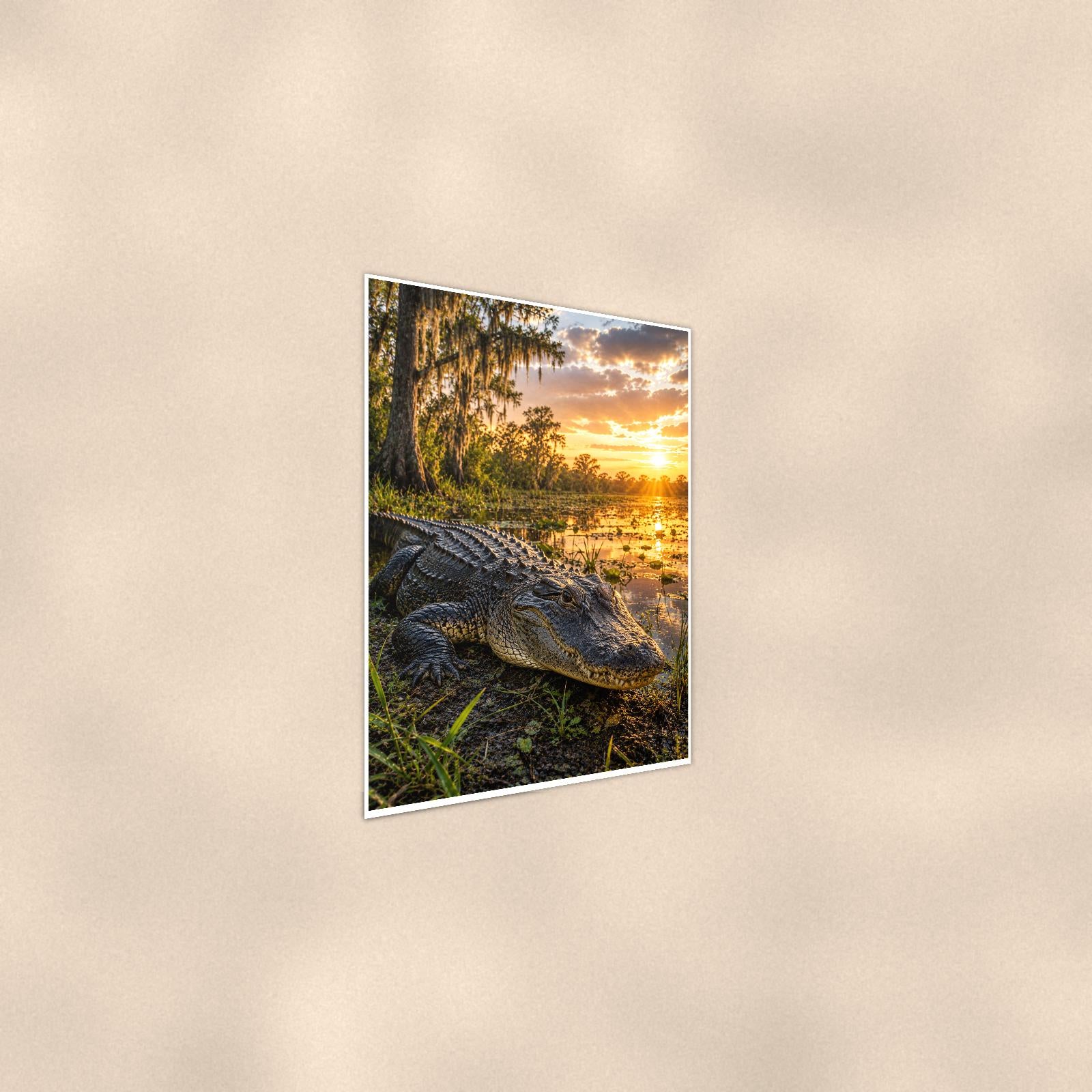 Swamp Gator Sunset — 24x36 in art print poster, premium luster paper with a white border; steeper three-quarter angle on a warm wall, catching the luster sheen.
