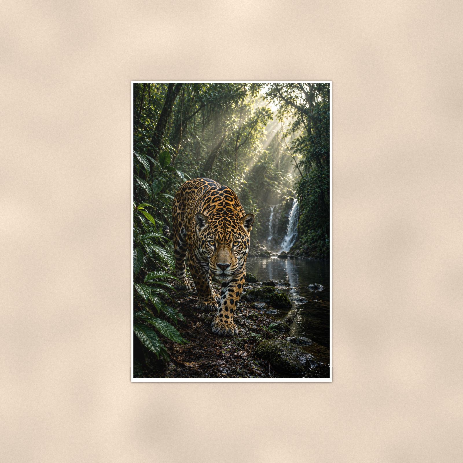 Jungle Jaguar Falls — 24x36 in art print poster, premium luster paper with a white border; poster shown straight on against a warm wall.
