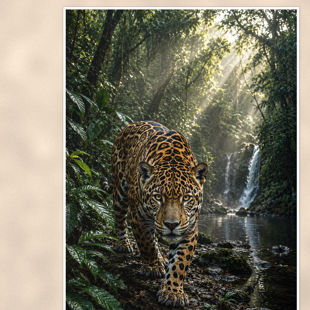 Jungle Jaguar Falls — 24x36 in art print poster, premium luster paper with a white border; close-up framed on the main subject of the artwork, paper surface visible.