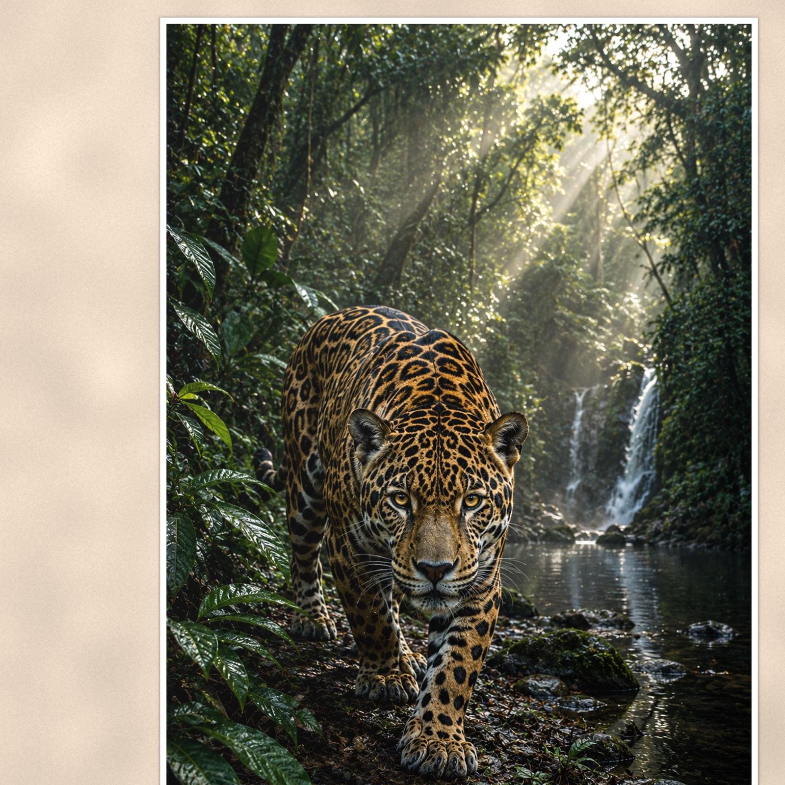 Jungle Jaguar Falls — 24x36 in art print poster, premium luster paper with a white border; close-up framed on the main subject of the artwork, paper surface visible.