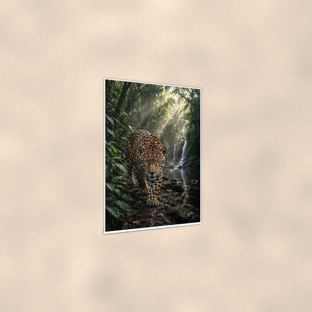 Jungle Jaguar Falls — 24x36 in art print poster, premium luster paper with a white border; gentle three-quarter angle on a warm wall, showing the flat paper edge.