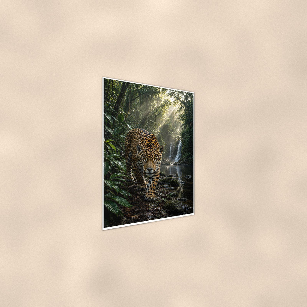 Jungle Jaguar Falls — 24x36 in art print poster, premium luster paper with a white border; steeper three-quarter angle on a warm wall, catching the luster sheen.