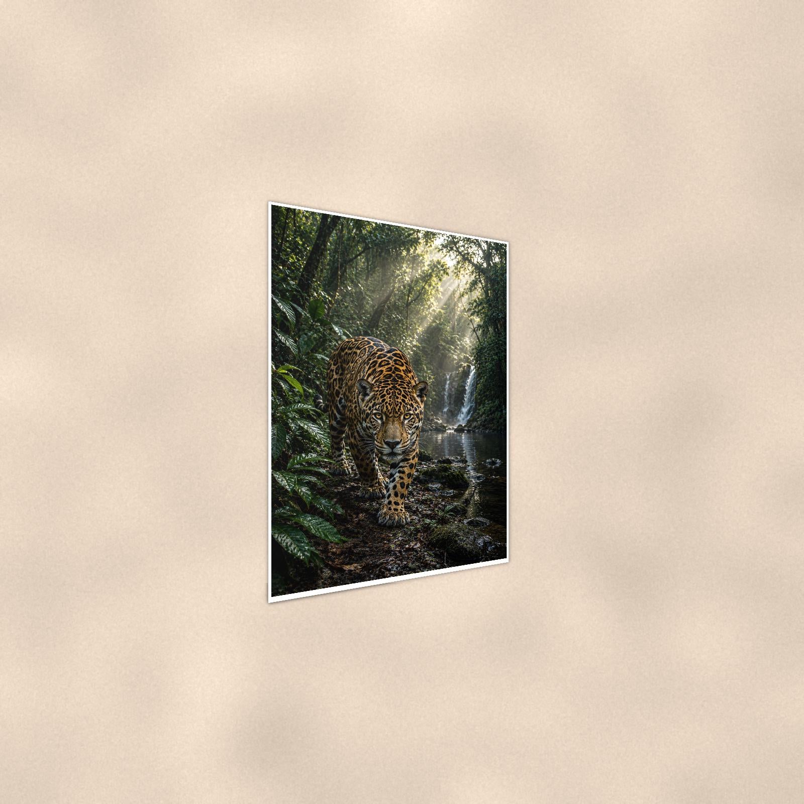 Jungle Jaguar Falls — 24x36 in art print poster, premium luster paper with a white border; steeper three-quarter angle on a warm wall, catching the luster sheen.