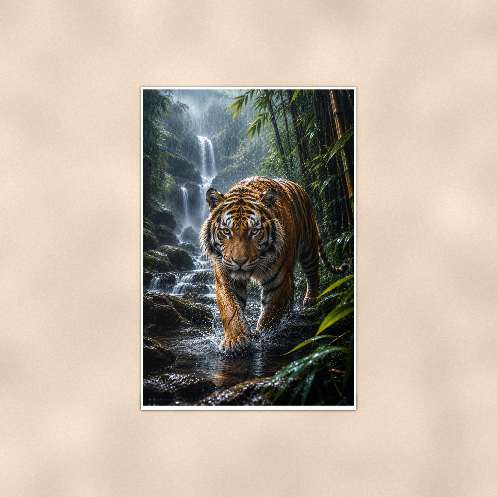 Tiger Waterfall — 24x36 in art print poster, premium luster paper with a white border; poster shown straight on against a warm wall.