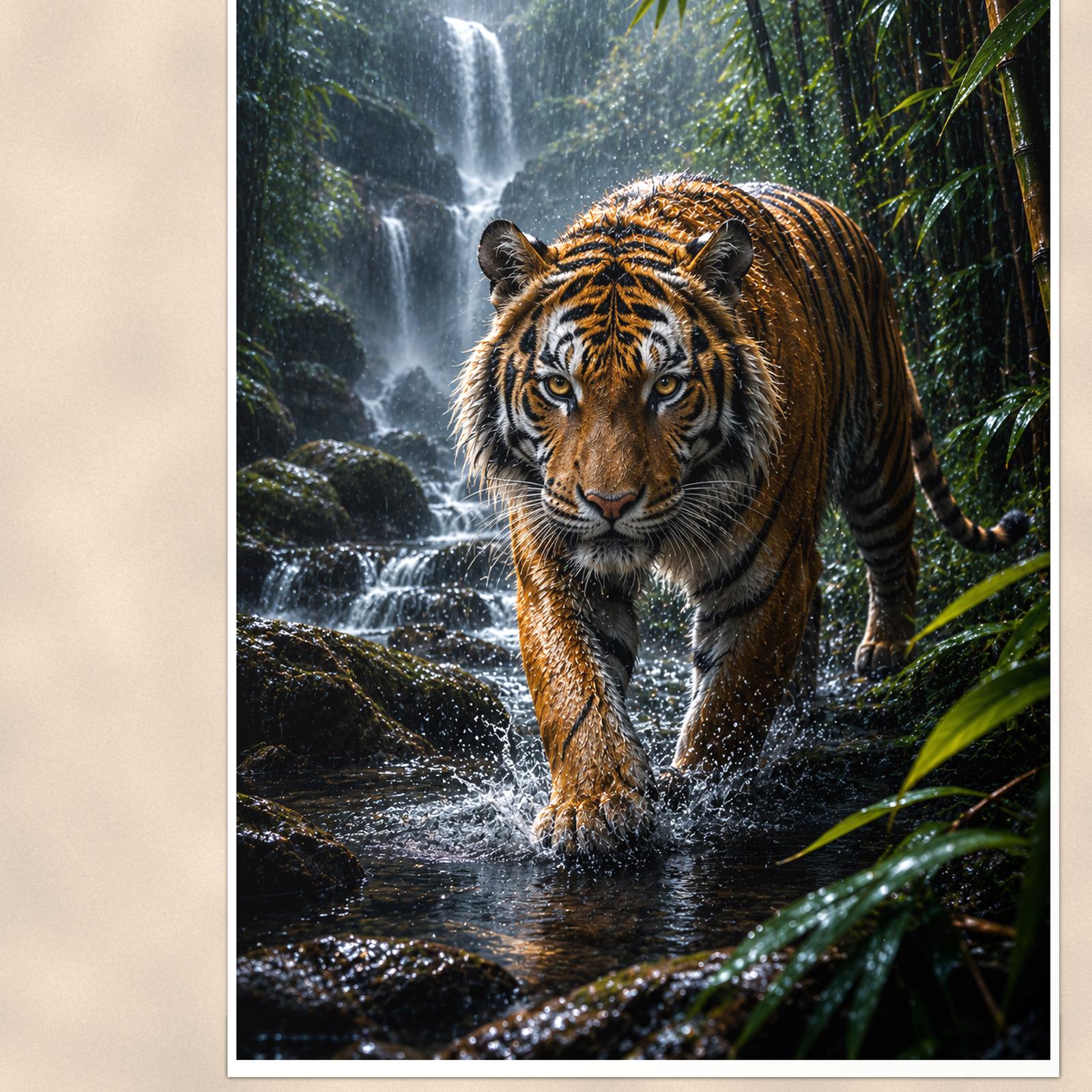 Tiger Waterfall — 24x36 in art print poster, premium luster paper with a white border; close-up framed on the main subject of the artwork, paper surface visible.