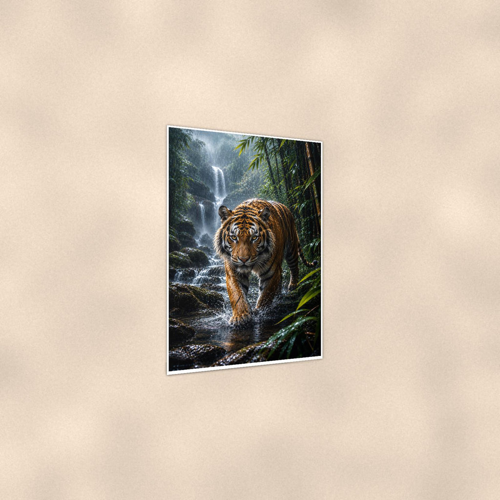 Tiger Waterfall — 24x36 in art print poster, premium luster paper with a white border; gentle three-quarter angle on a warm wall, showing the flat paper edge.
