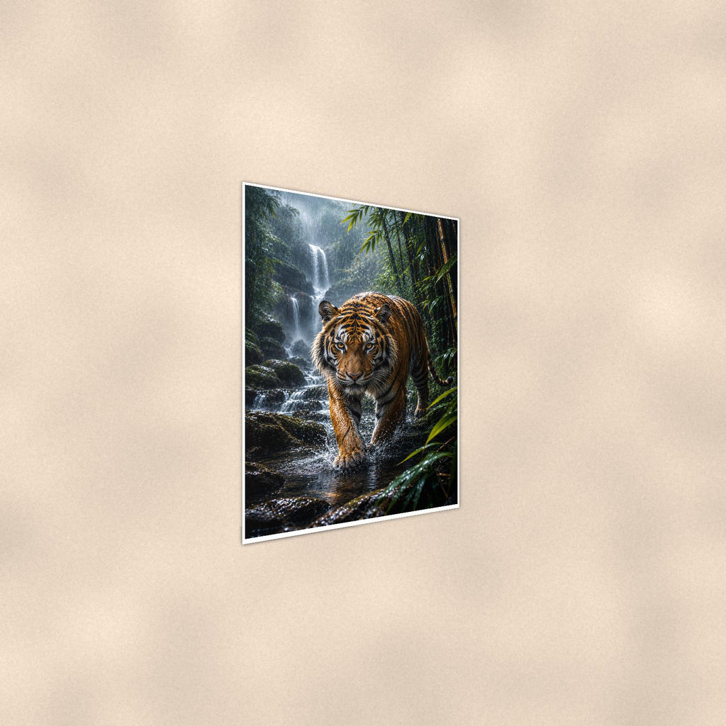 Tiger Waterfall — 24x36 in art print poster, premium luster paper with a white border; steeper three-quarter angle on a warm wall, catching the luster sheen.