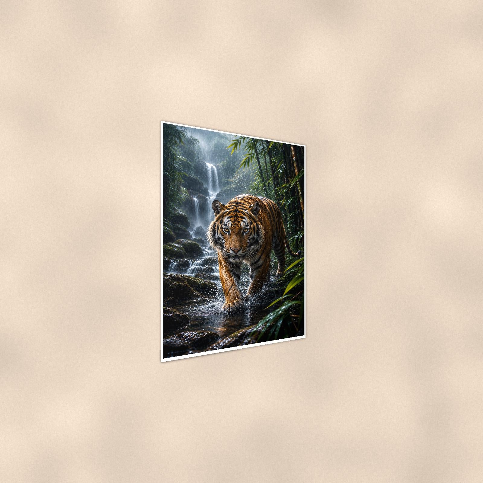 Tiger Waterfall — 24x36 in art print poster, premium luster paper with a white border; steeper three-quarter angle on a warm wall, catching the luster sheen.