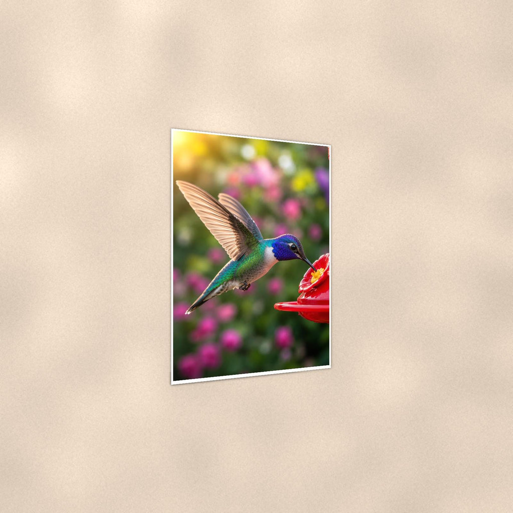Feeder Hummingbird — 24x36 in art print poster, premium luster paper with a white border; gentle three-quarter angle on a warm wall, showing the flat paper edge.