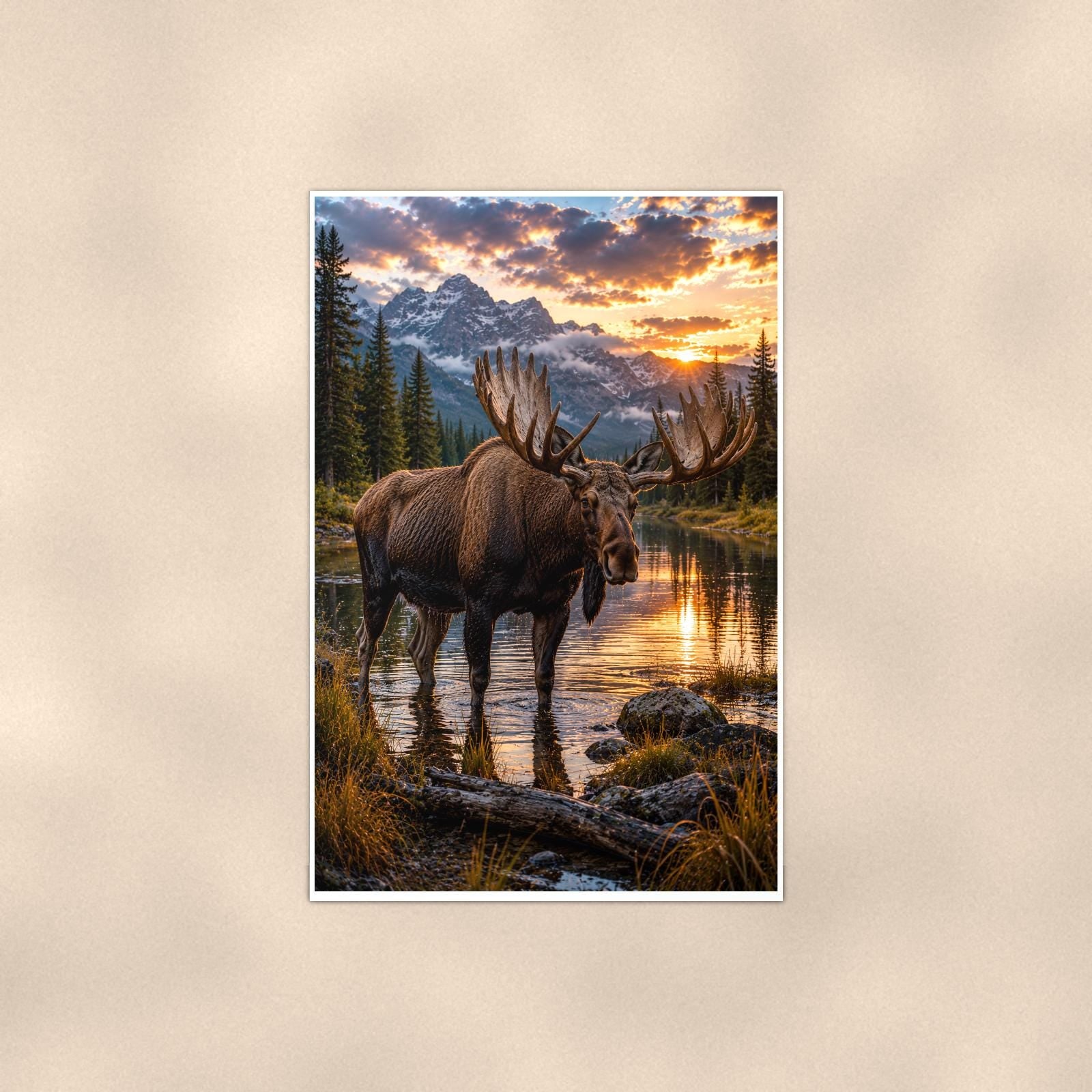 Moose Lake Sunset — 24x36 in art print poster, premium luster paper with a white border; poster shown straight on against a warm wall.