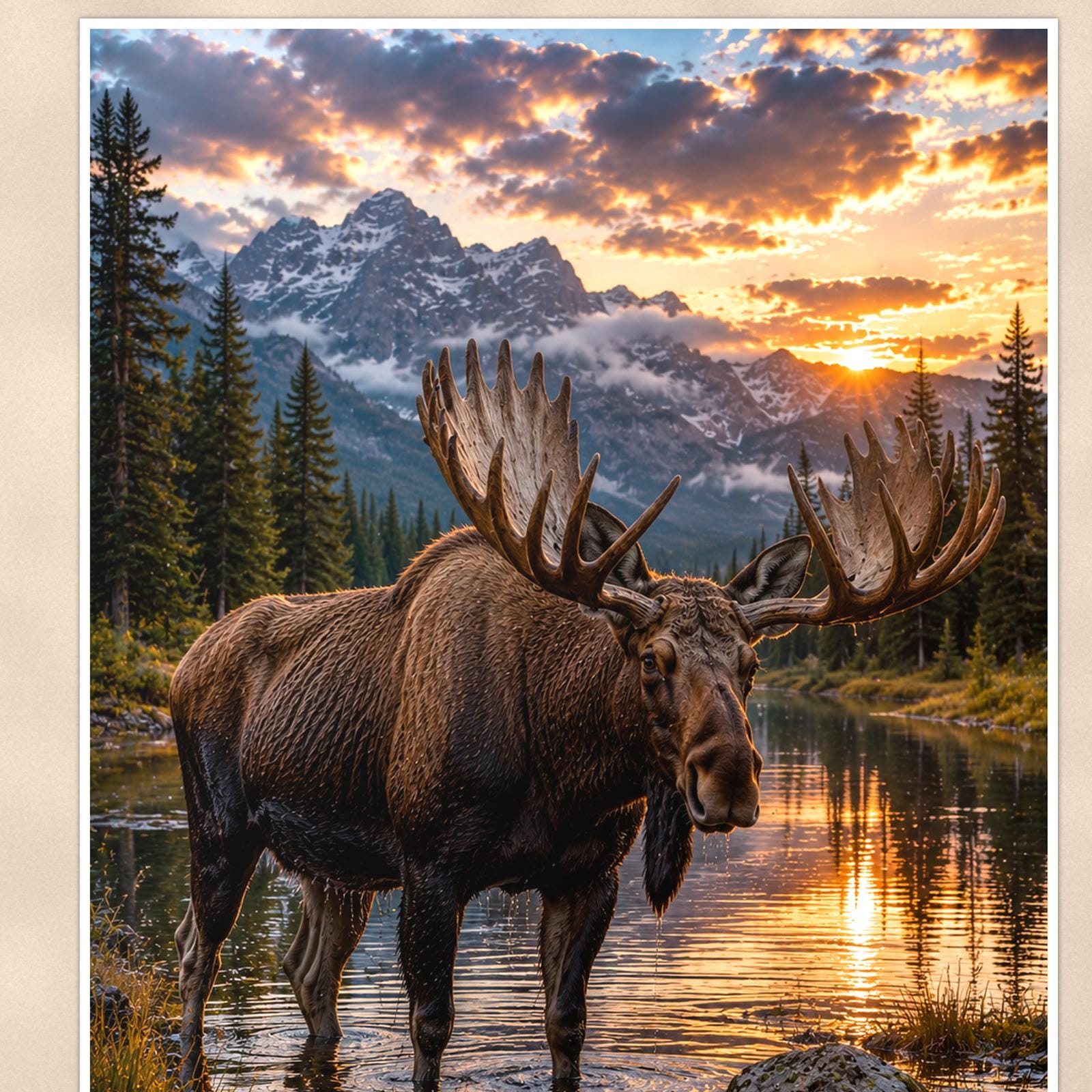 Moose Lake Sunset — 24x36 in art print poster, premium luster paper with a white border; close-up framed on the main subject of the artwork, paper surface visible.