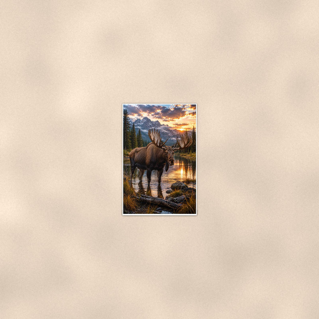 Moose Lake Sunset — 24x36 in art print poster, premium luster paper with a white border; poster seen from further back, at true 24x36 in scale on a warm wall.