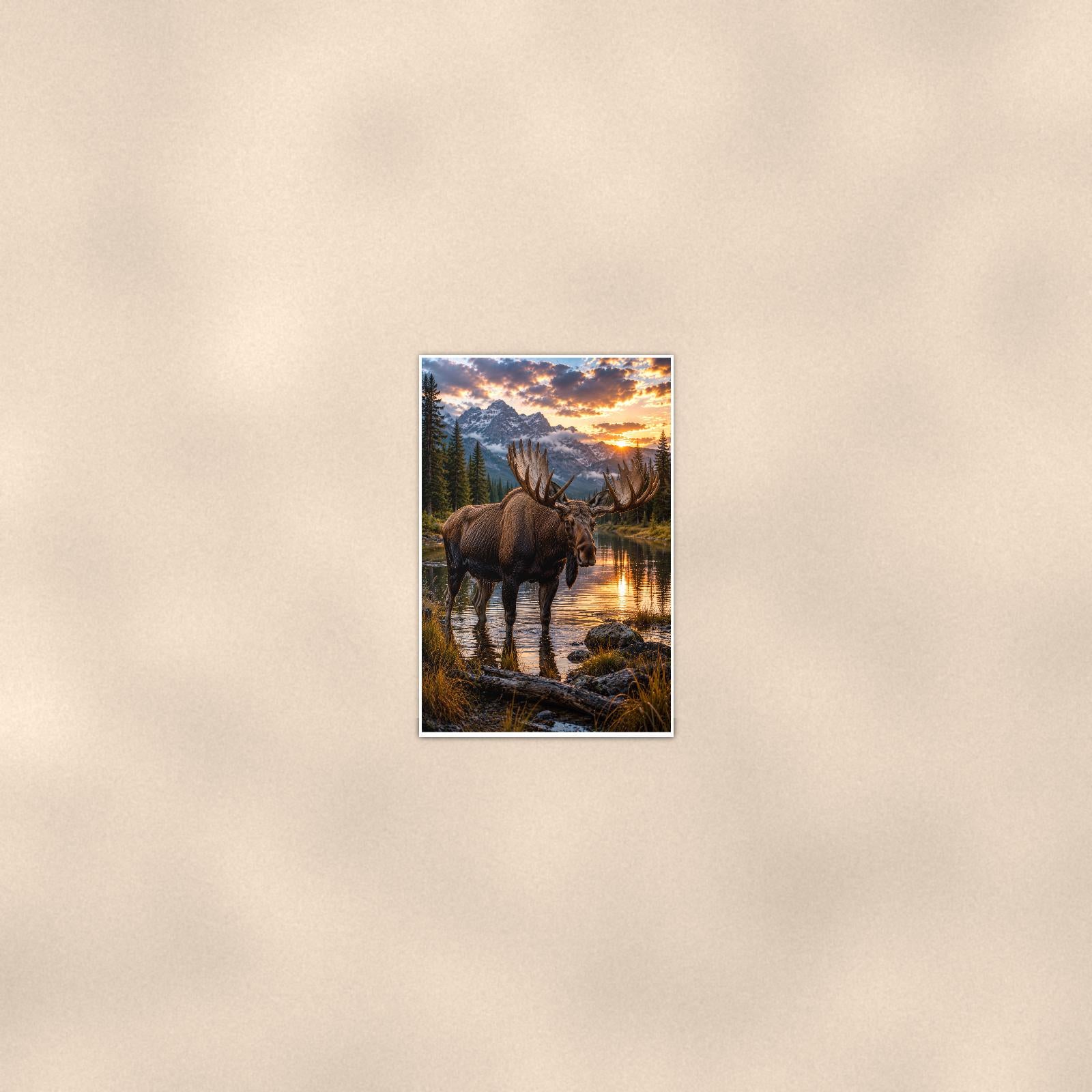 Moose Lake Sunset — 24x36 in art print poster, premium luster paper with a white border; poster seen from further back, at true 24x36 in scale on a warm wall.