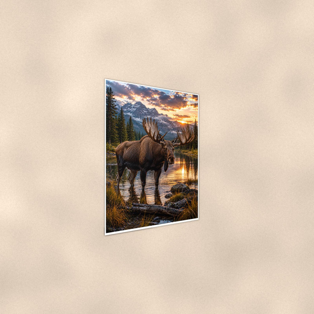 Moose Lake Sunset — 24x36 in art print poster, premium luster paper with a white border; steeper three-quarter angle on a warm wall, catching the luster sheen.