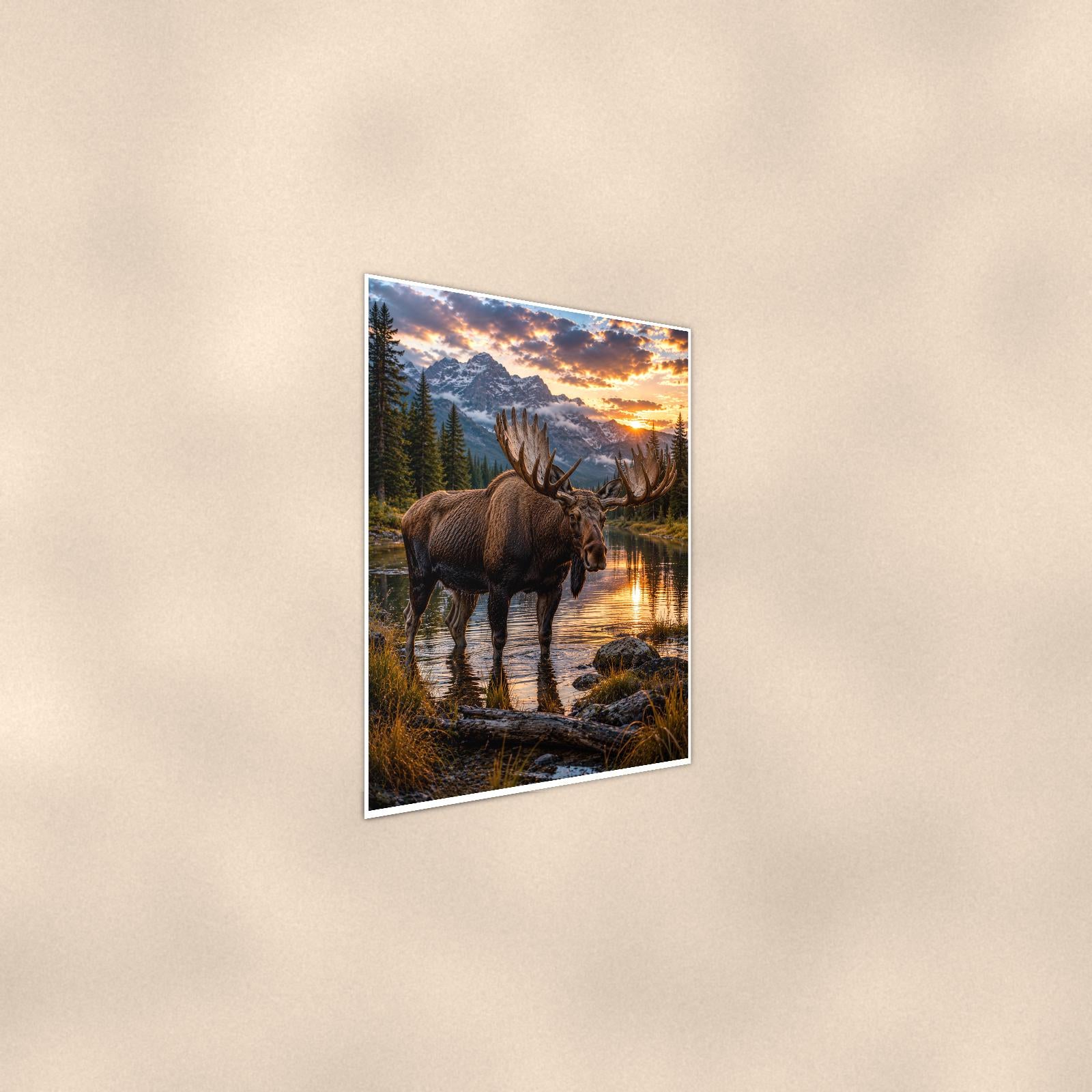 Moose Lake Sunset — 24x36 in art print poster, premium luster paper with a white border; steeper three-quarter angle on a warm wall, catching the luster sheen.