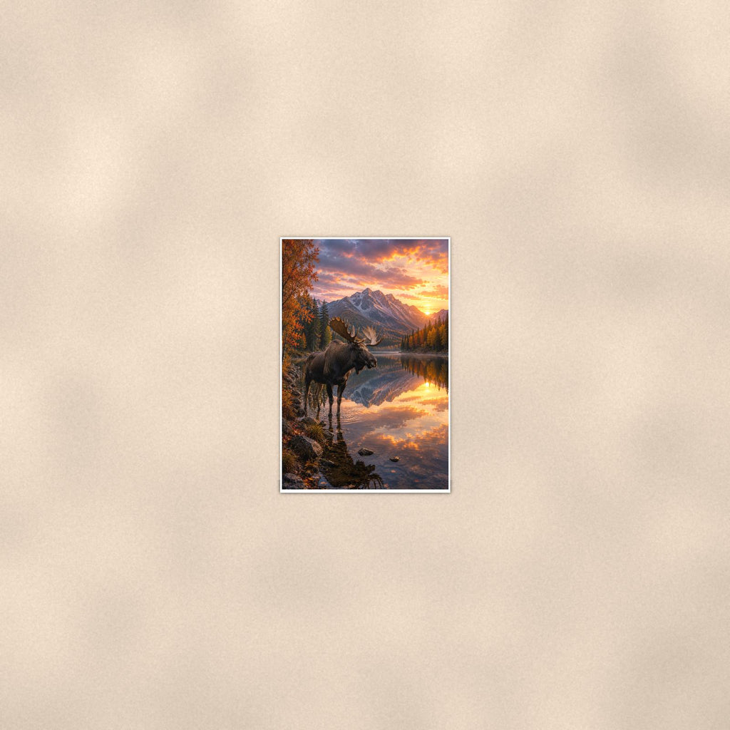 Moose Reflection — 24x36 in art print poster, premium luster paper with a white border; poster seen from further back, at true 24x36 in scale on a warm wall.