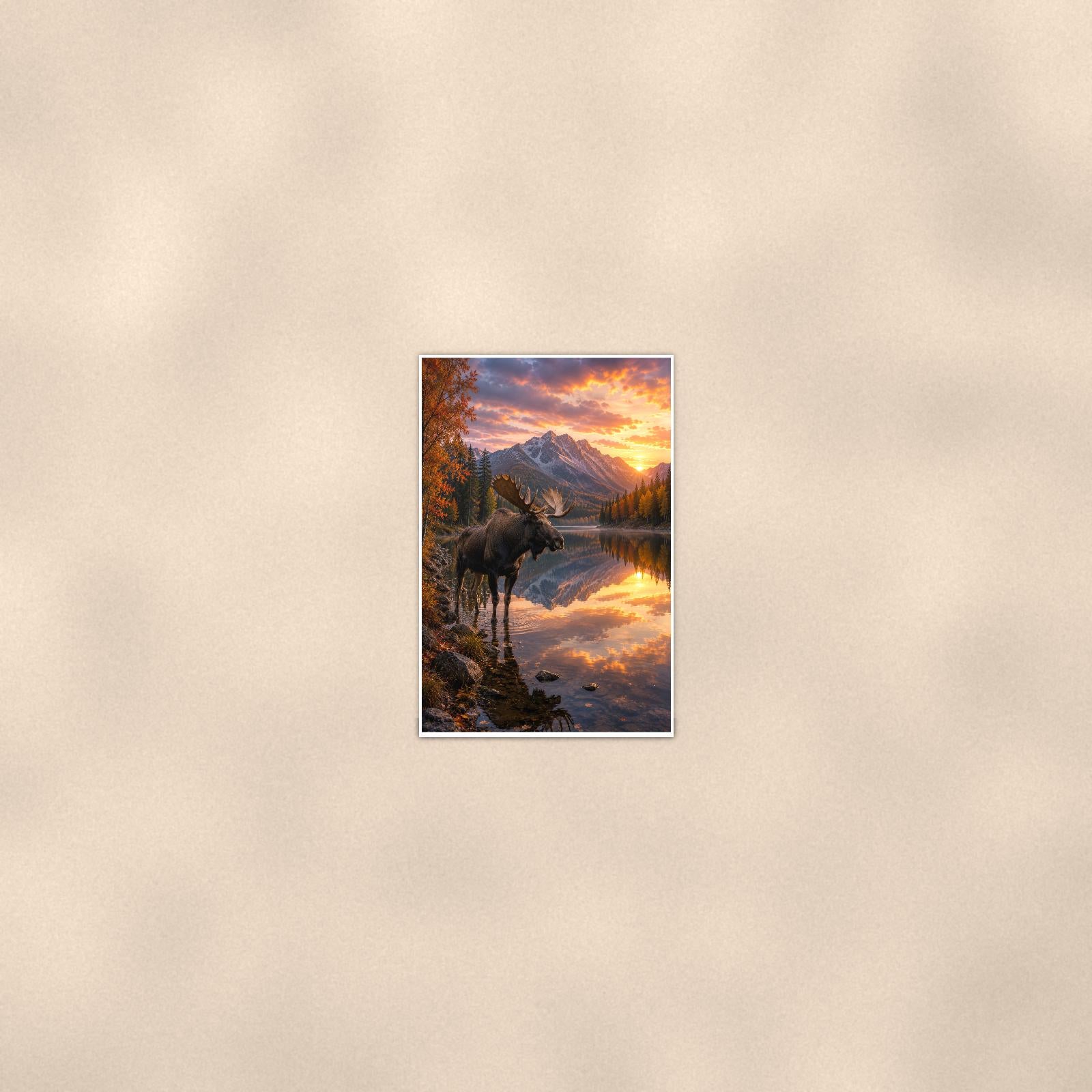 Moose Reflection — 24x36 in art print poster, premium luster paper with a white border; poster seen from further back, at true 24x36 in scale on a warm wall.