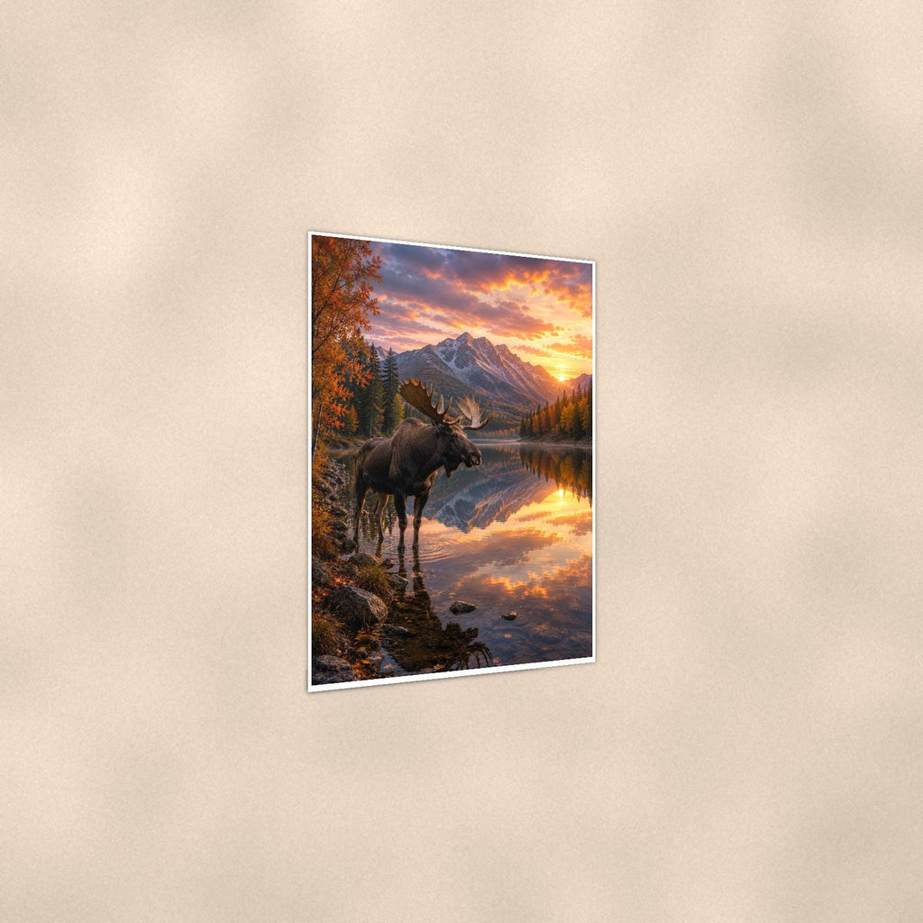 Moose Reflection — 24x36 in art print poster, premium luster paper with a white border; gentle three-quarter angle on a warm wall, showing the flat paper edge.
