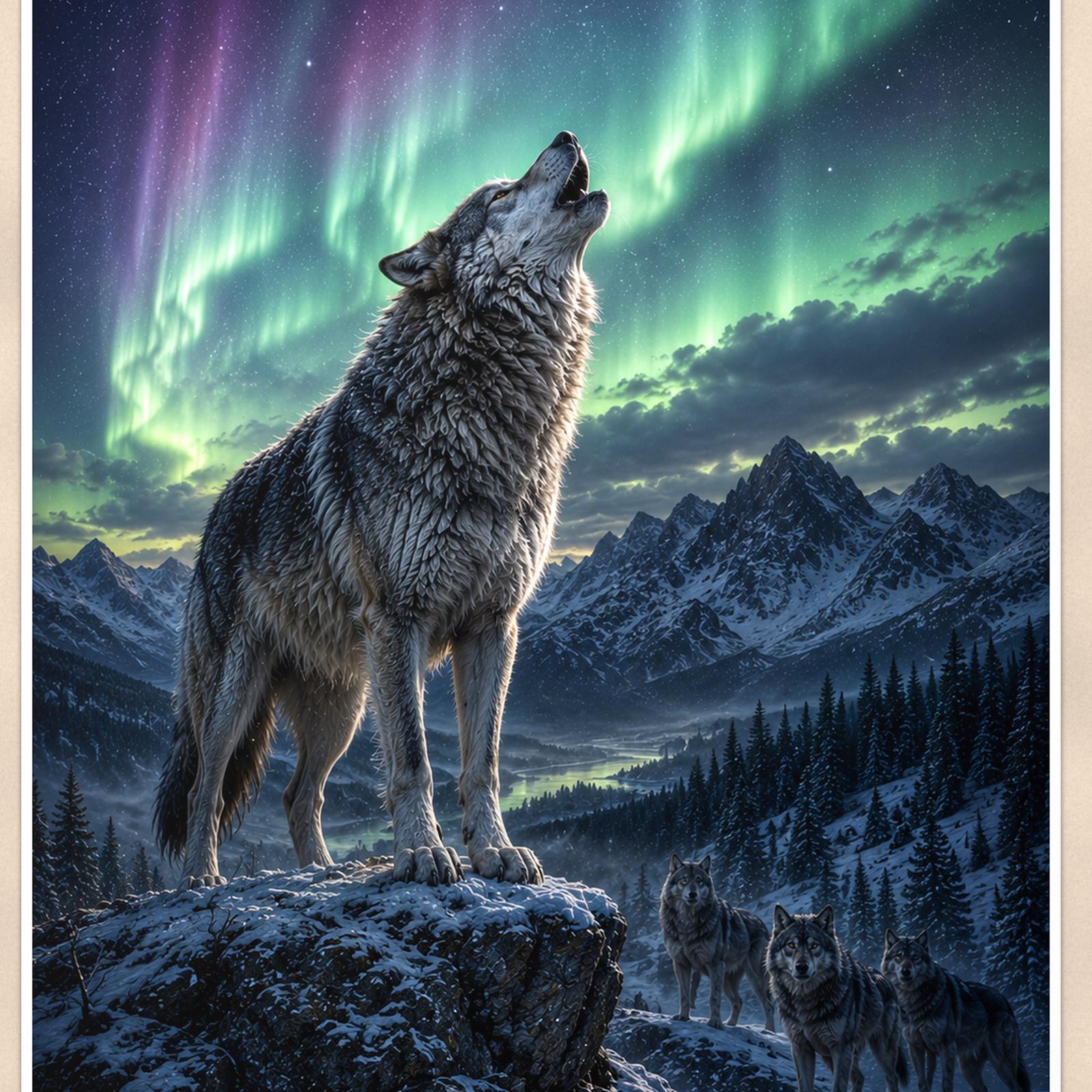 Aurora Wolf Howl — 24x36 in art print poster, premium luster paper with a white border; close-up framed on the main subject of the artwork, paper surface visible.