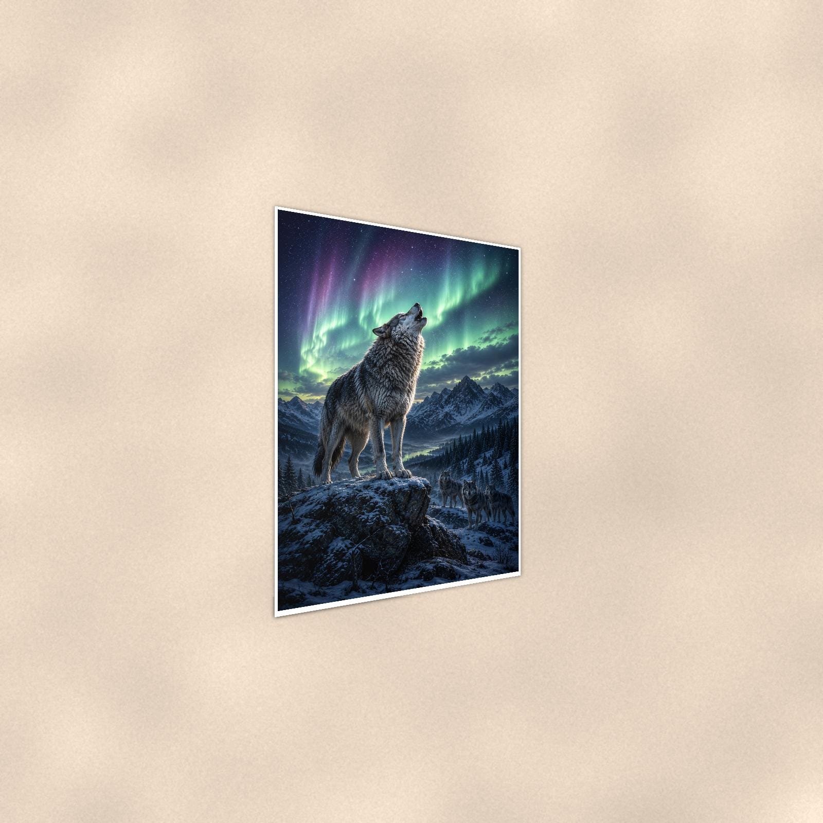 Aurora Wolf Howl — 24x36 in art print poster, premium luster paper with a white border; steeper three-quarter angle on a warm wall, catching the luster sheen.
