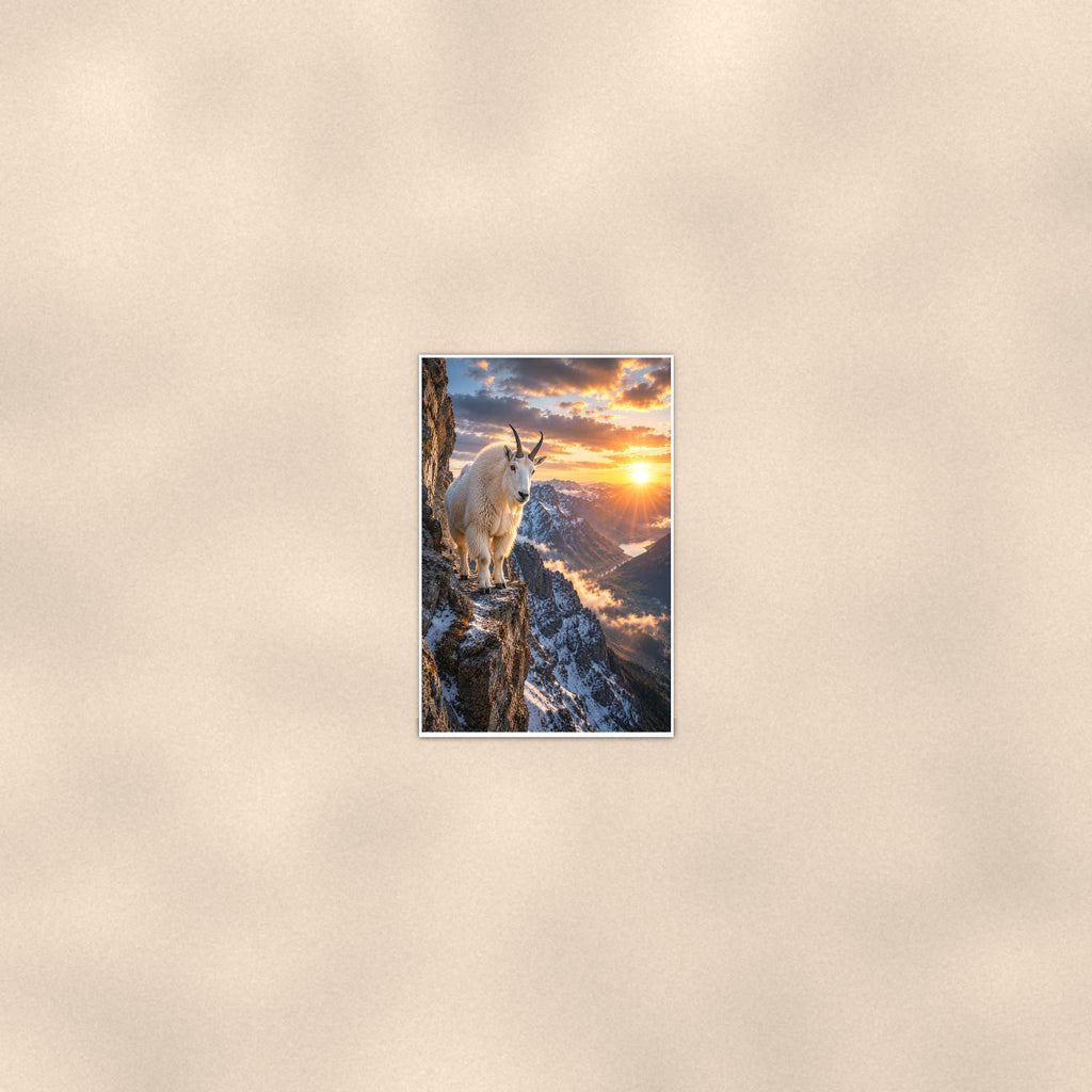 Mountain Goat Cliff — 24x36 in art print poster, premium luster paper with a white border; poster seen from further back, at true 24x36 in scale on a warm wall.