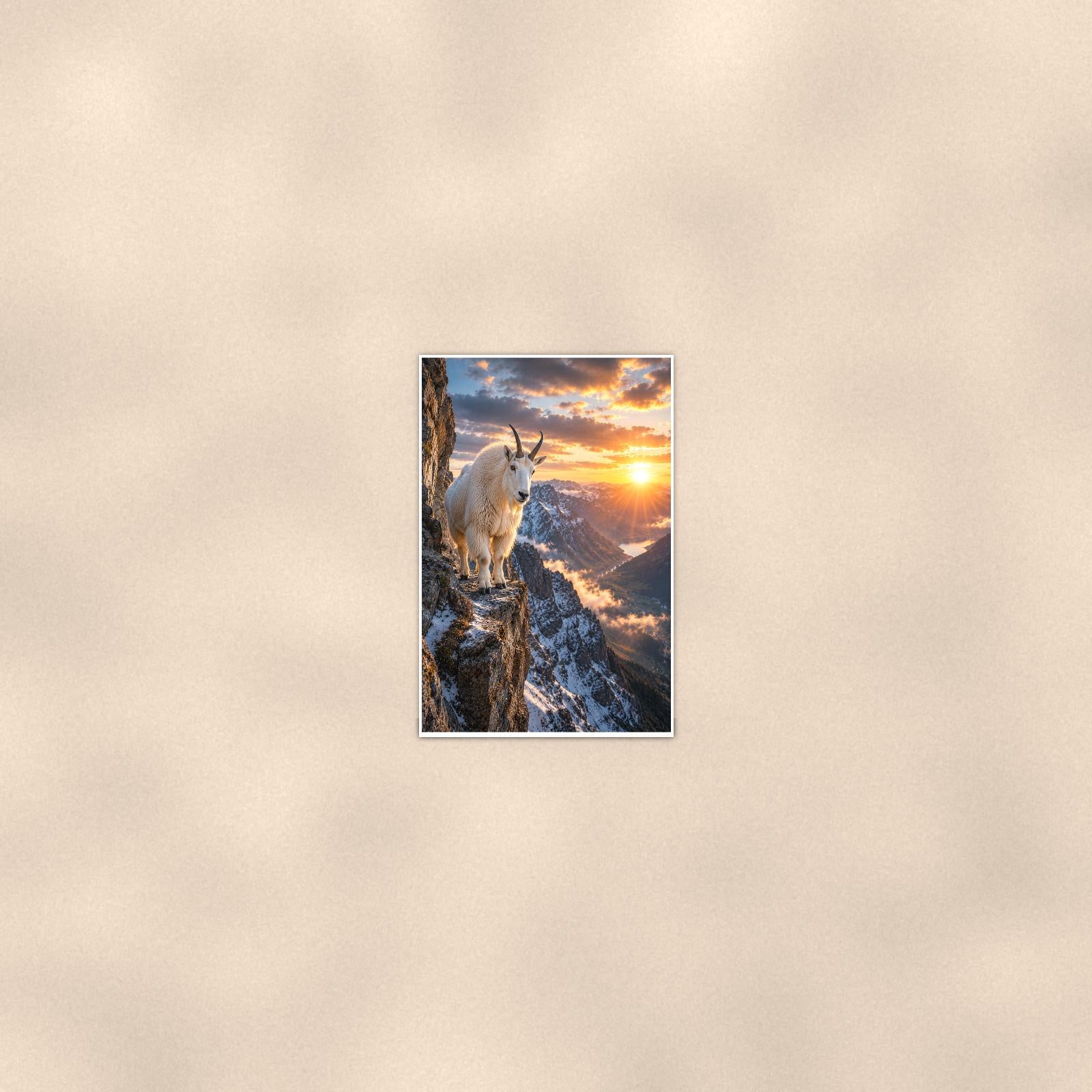 Mountain Goat Cliff — 24x36 in art print poster, premium luster paper with a white border; poster seen from further back, at true 24x36 in scale on a warm wall.