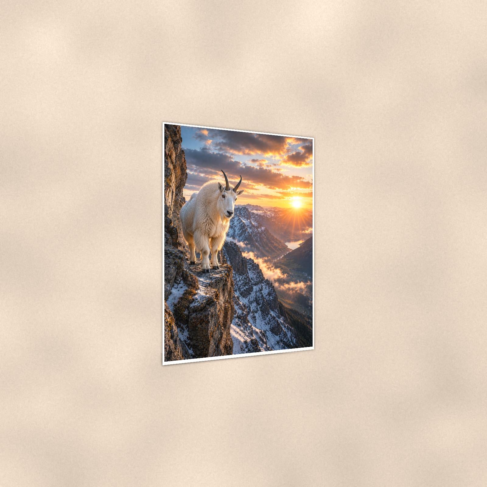 Mountain Goat Cliff — 24x36 in art print poster, premium luster paper with a white border; gentle three-quarter angle on a warm wall, showing the flat paper edge.