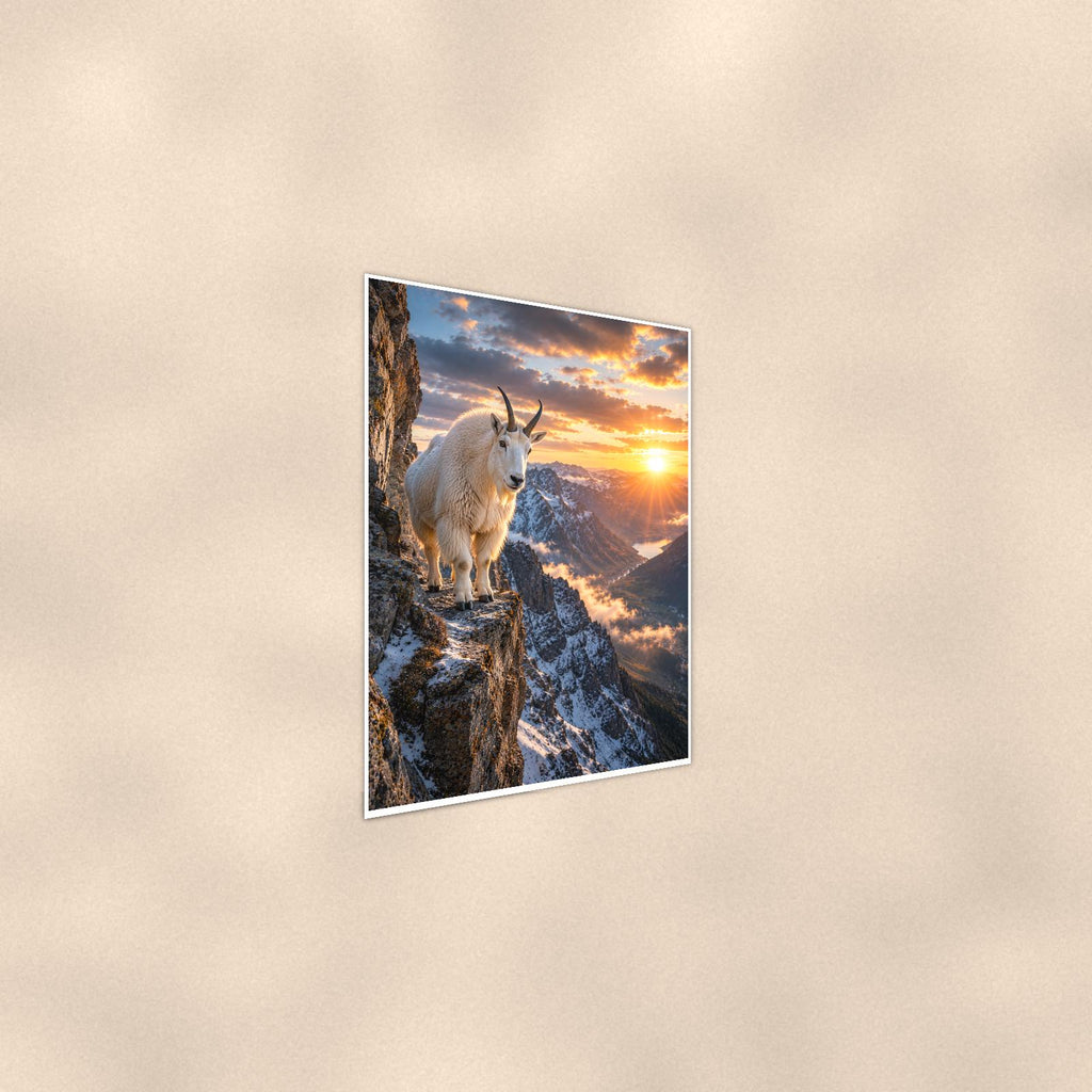 Mountain Goat Cliff — 24x36 in art print poster, premium luster paper with a white border; steeper three-quarter angle on a warm wall, catching the luster sheen.