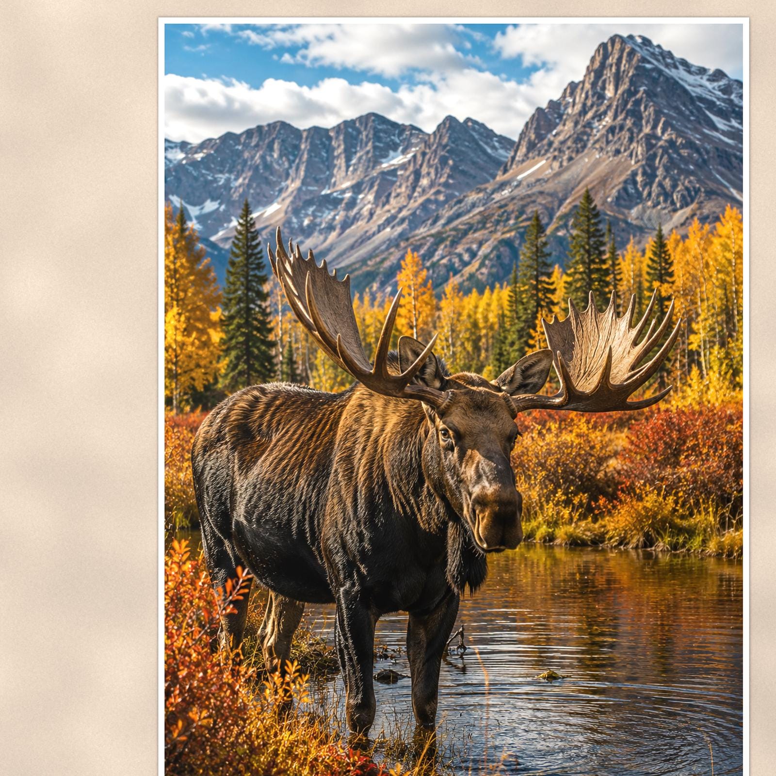 Autumn Moose — 24x36 in art print poster, premium luster paper with a white border; close-up framed on the main subject of the artwork, paper surface visible.
