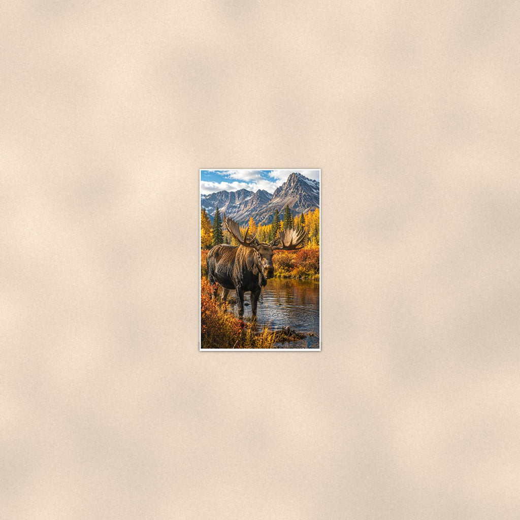Autumn Moose — 24x36 in art print poster, premium luster paper with a white border; poster seen from further back, at true 24x36 in scale on a warm wall.