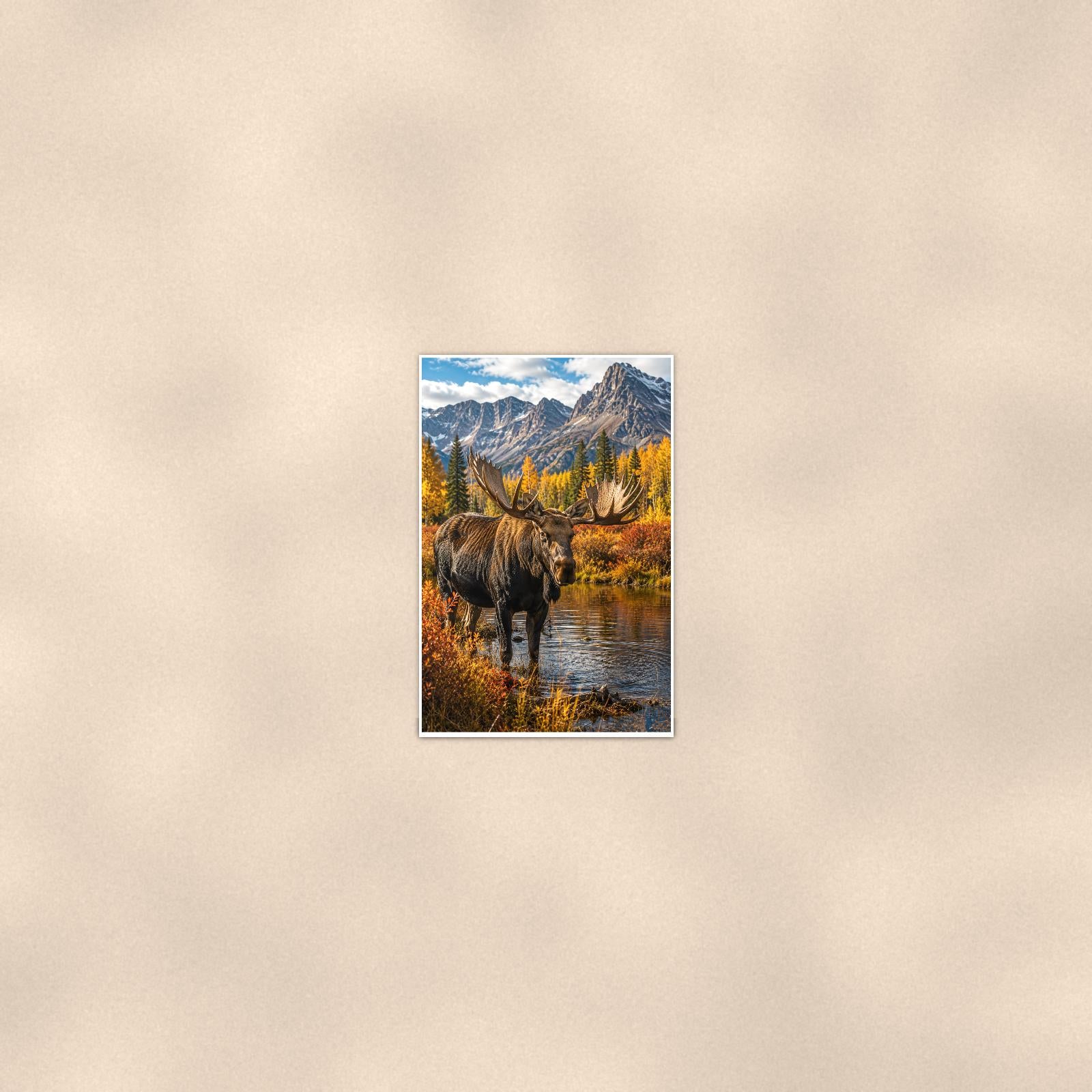Autumn Moose — 24x36 in art print poster, premium luster paper with a white border; poster seen from further back, at true 24x36 in scale on a warm wall.