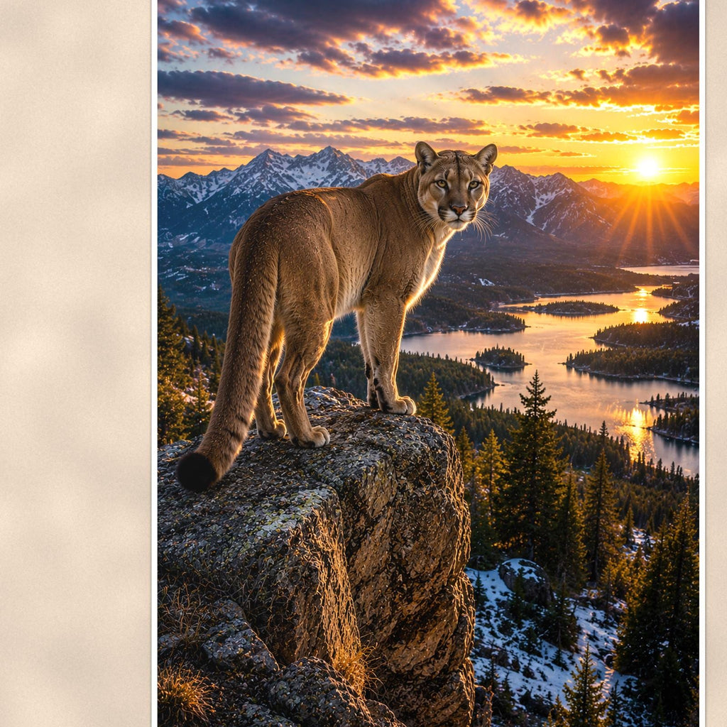 Cougar Overlook — 24x36 in art print poster, premium luster paper with a white border; close-up framed on the main subject of the artwork, paper surface visible.