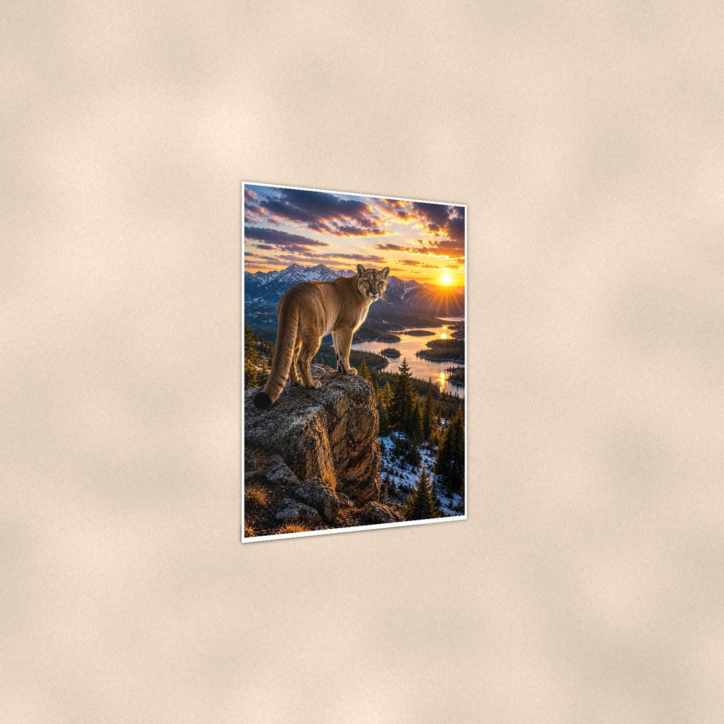 Cougar Overlook — 24x36 in art print poster, premium luster paper with a white border; gentle three-quarter angle on a warm wall, showing the flat paper edge.