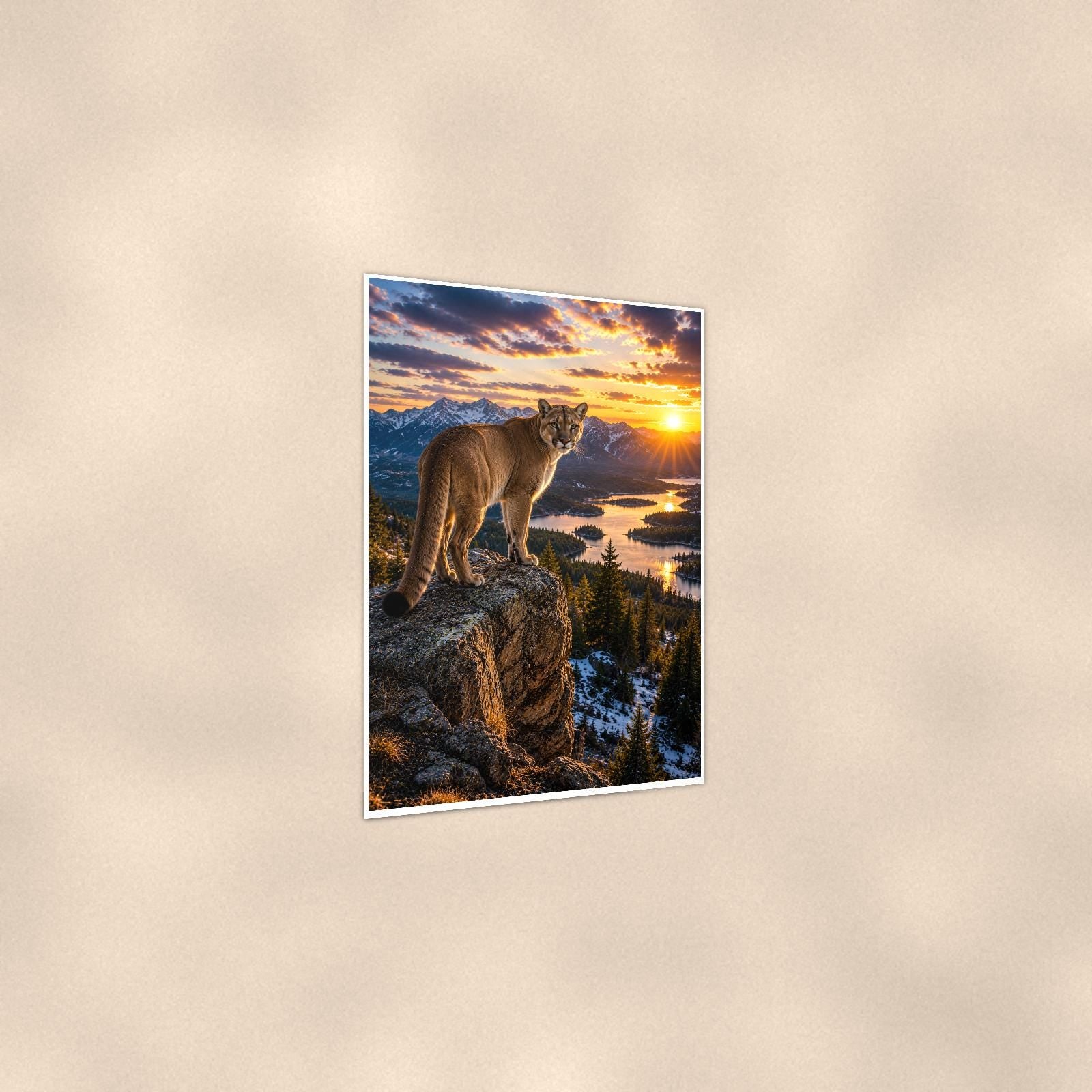 Cougar Overlook — 24x36 in art print poster, premium luster paper with a white border; gentle three-quarter angle on a warm wall, showing the flat paper edge.
