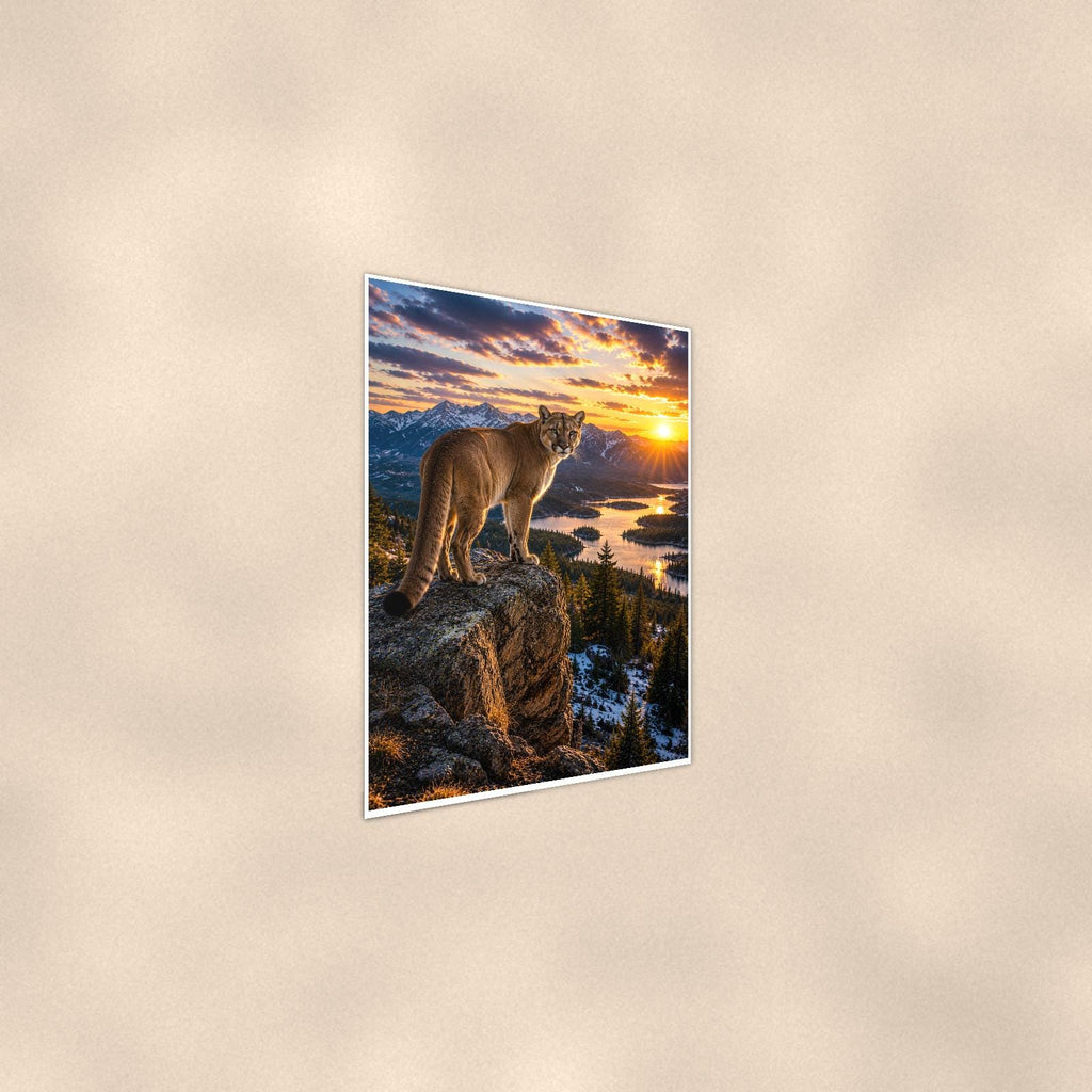 Cougar Overlook — 24x36 in art print poster, premium luster paper with a white border; steeper three-quarter angle on a warm wall, catching the luster sheen.