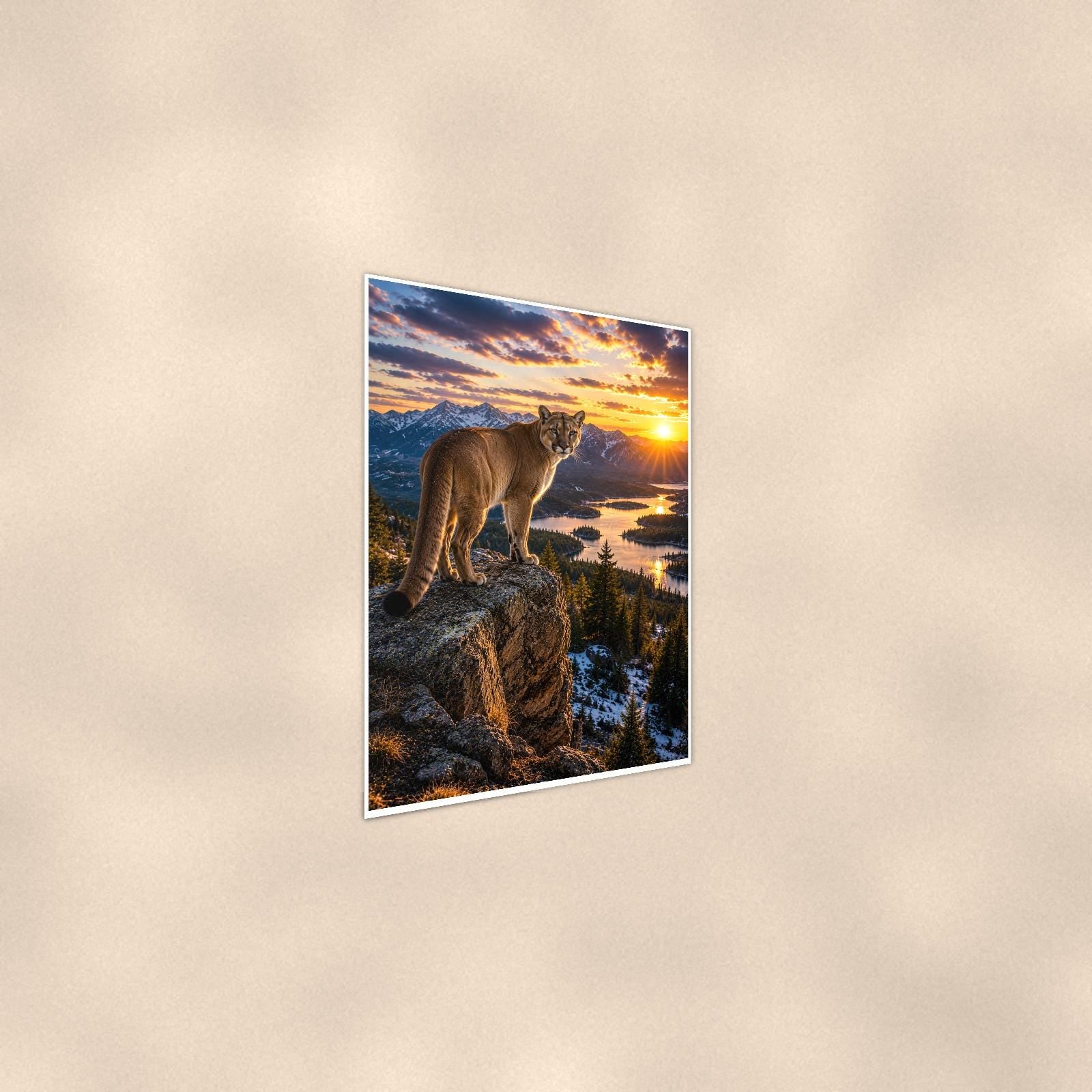 Cougar Overlook — 24x36 in art print poster, premium luster paper with a white border; steeper three-quarter angle on a warm wall, catching the luster sheen.