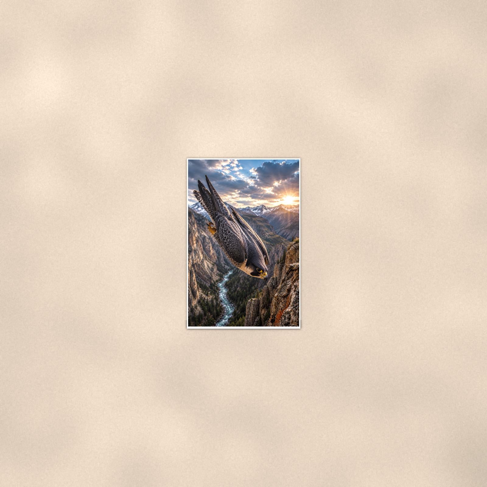 Falcon Canyon — 24x36 in art print poster, premium luster paper with a white border; poster seen from further back, at true 24x36 in scale on a warm wall.