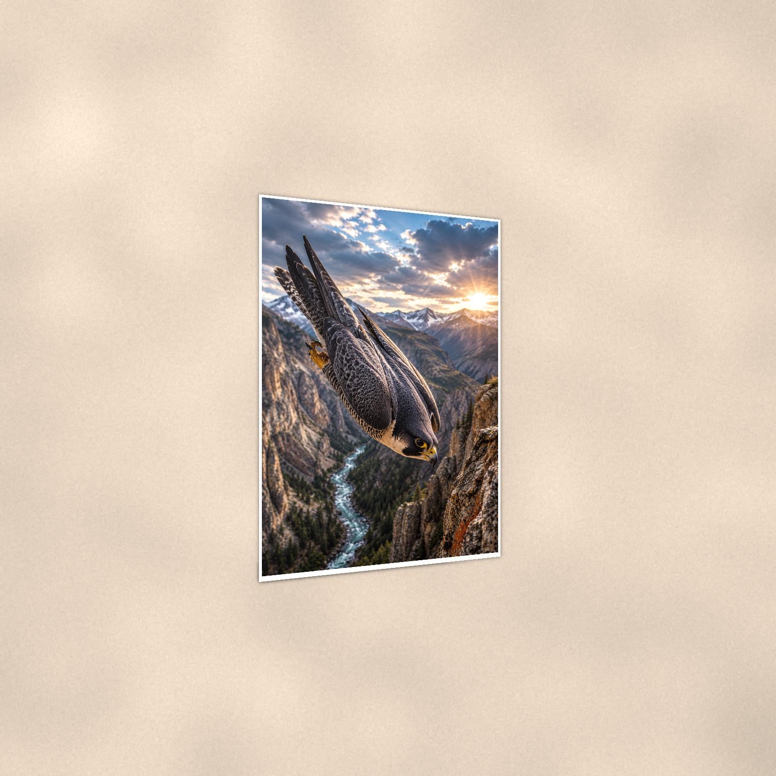 Falcon Canyon — 24x36 in art print poster, premium luster paper with a white border; gentle three-quarter angle on a warm wall, showing the flat paper edge.