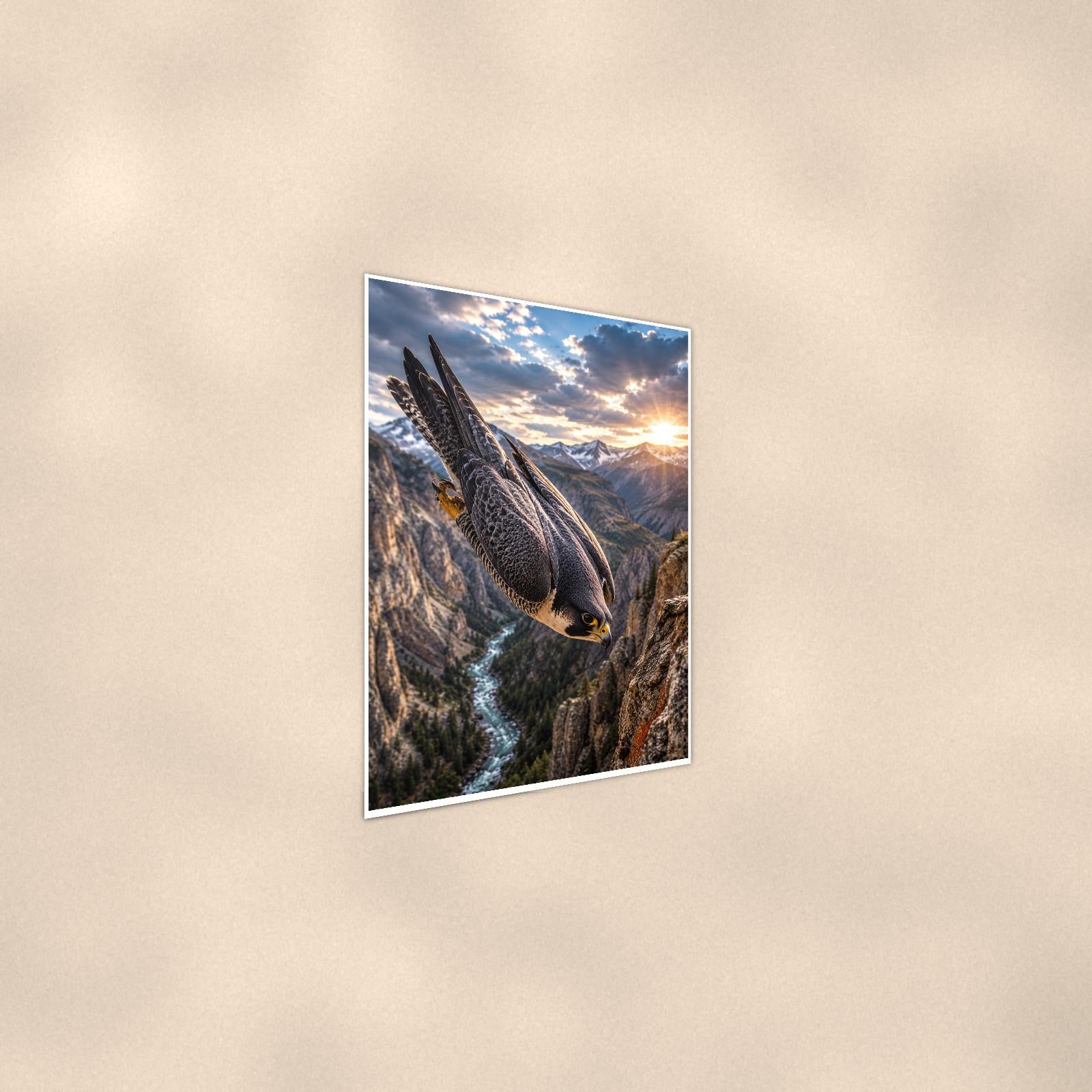 Falcon Canyon — 24x36 in art print poster, premium luster paper with a white border; steeper three-quarter angle on a warm wall, catching the luster sheen.