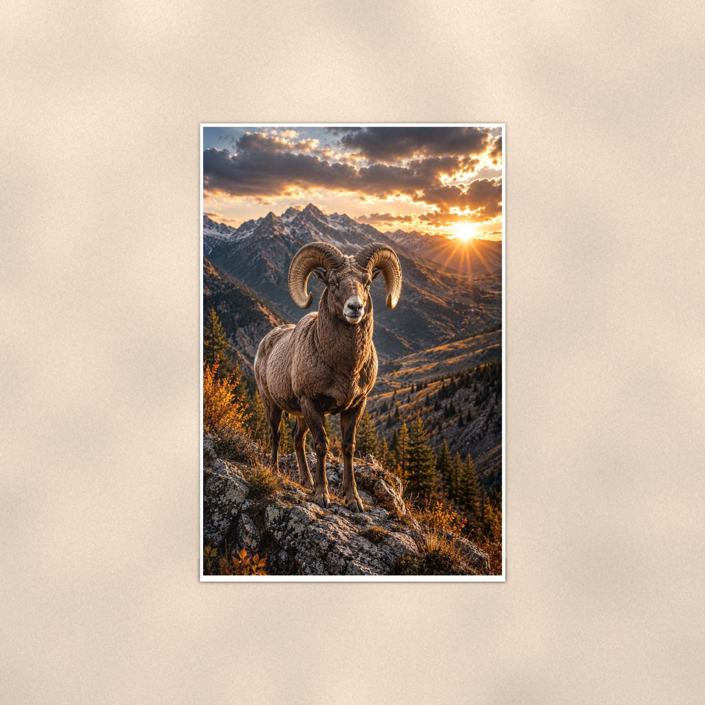 Bighorn Sunset — 24x36 in art print poster, premium luster paper with a white border; poster shown straight on against a warm wall.