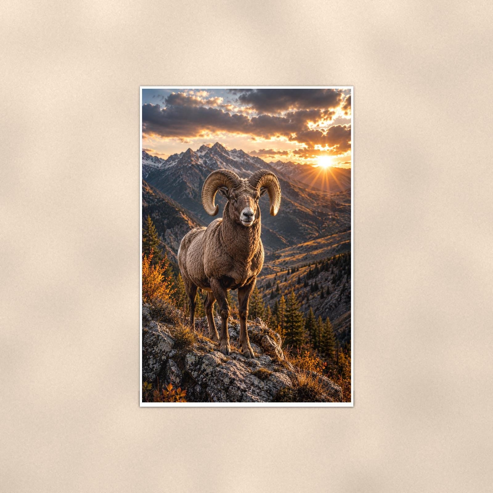 Bighorn Sunset — 24x36 in art print poster, premium luster paper with a white border; poster shown straight on against a warm wall.